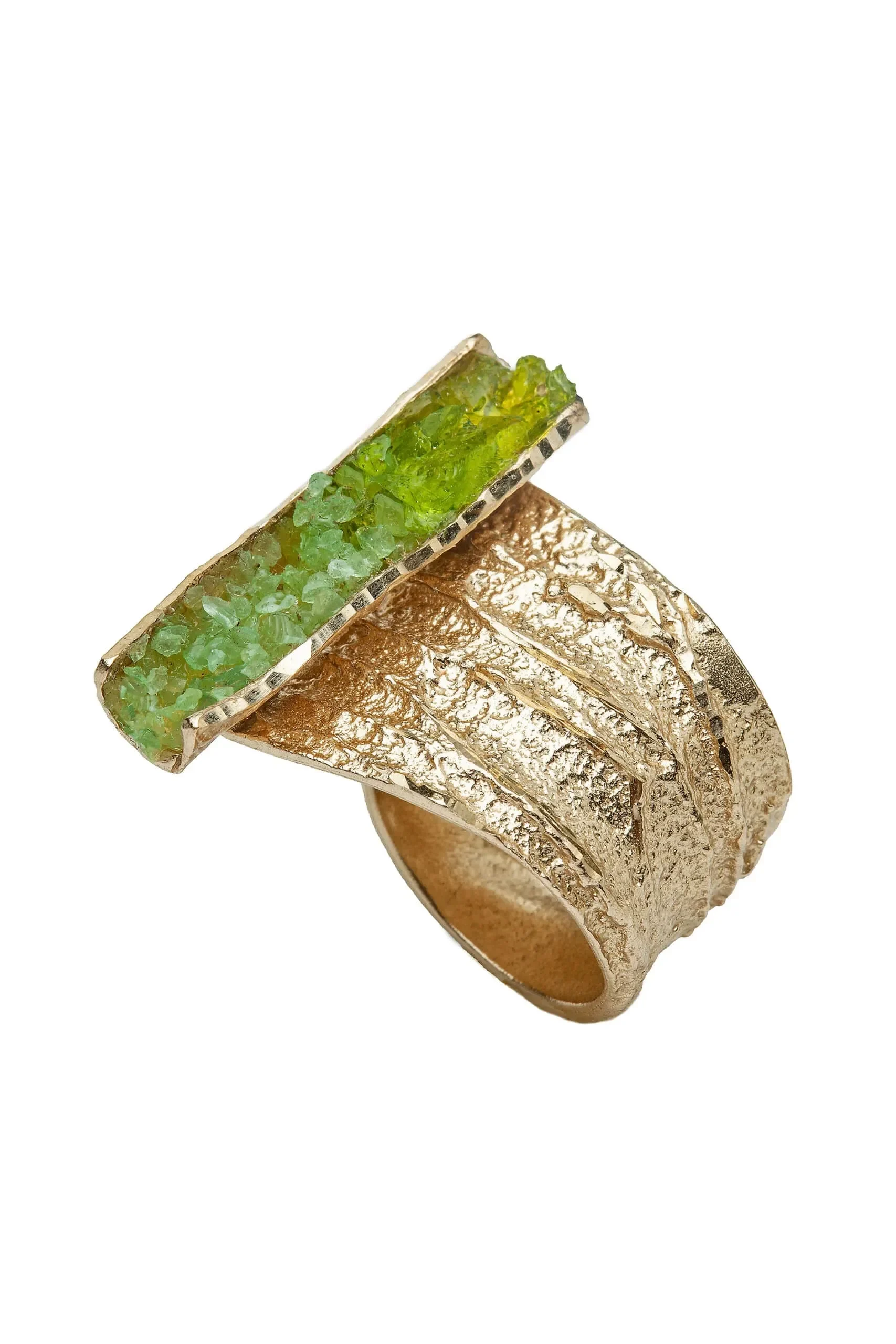 Handmade Jewellery | Unique bronze ring with gold patina and green crystals main