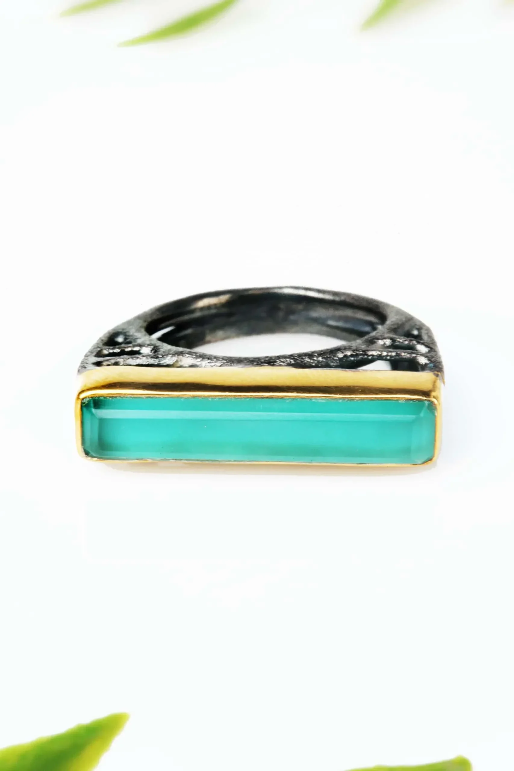 Handmade Jewellery | Aquaprase gold and black rhodium plated silver ring gallery 2