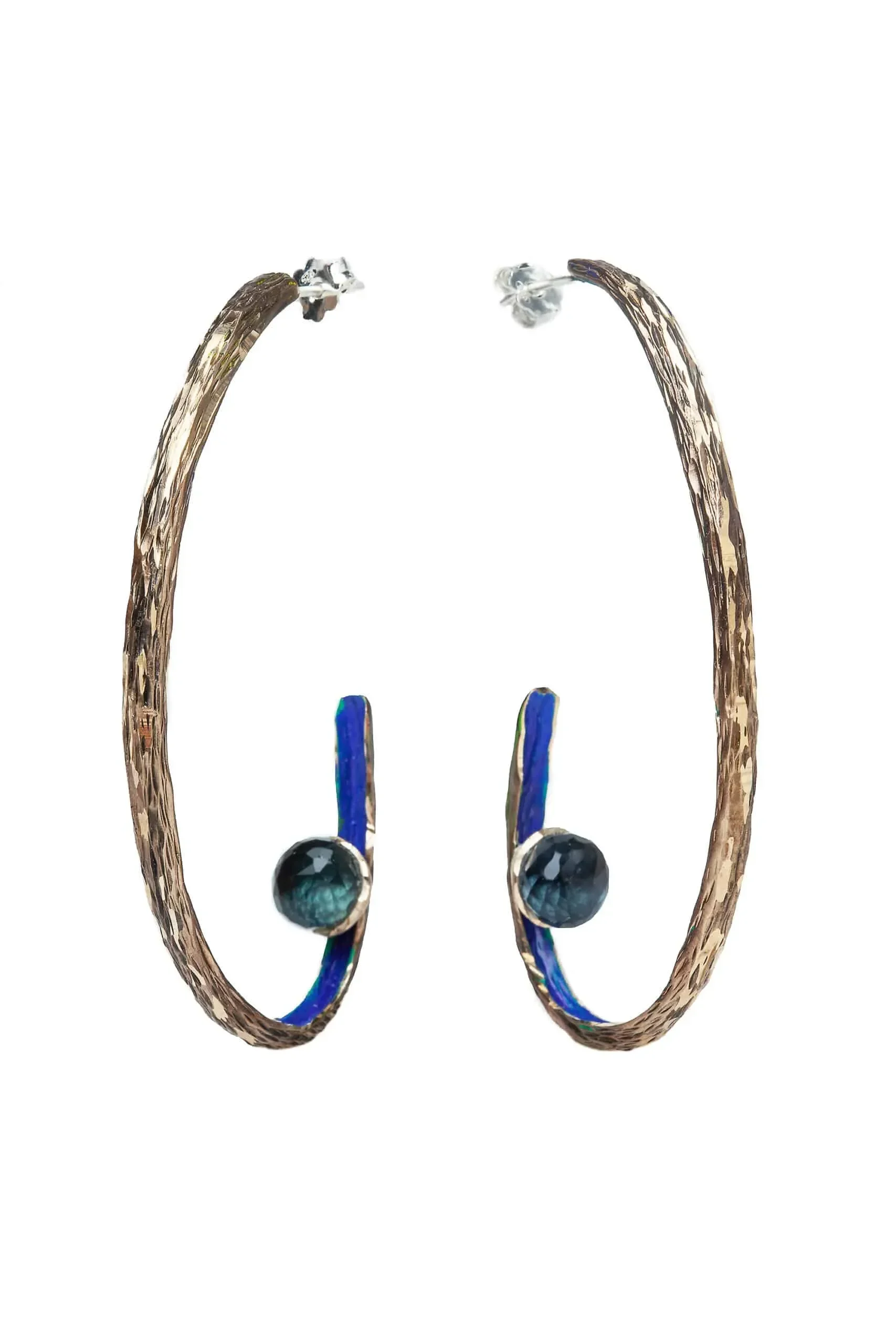 Handmade Jewellery | Unique oval bronze hoops with midnight blue patina main