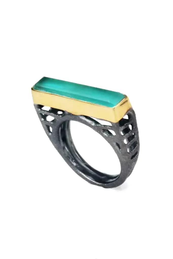 Handmade Jewellery | Aquaprase gold and black rhodium plated silver ring main