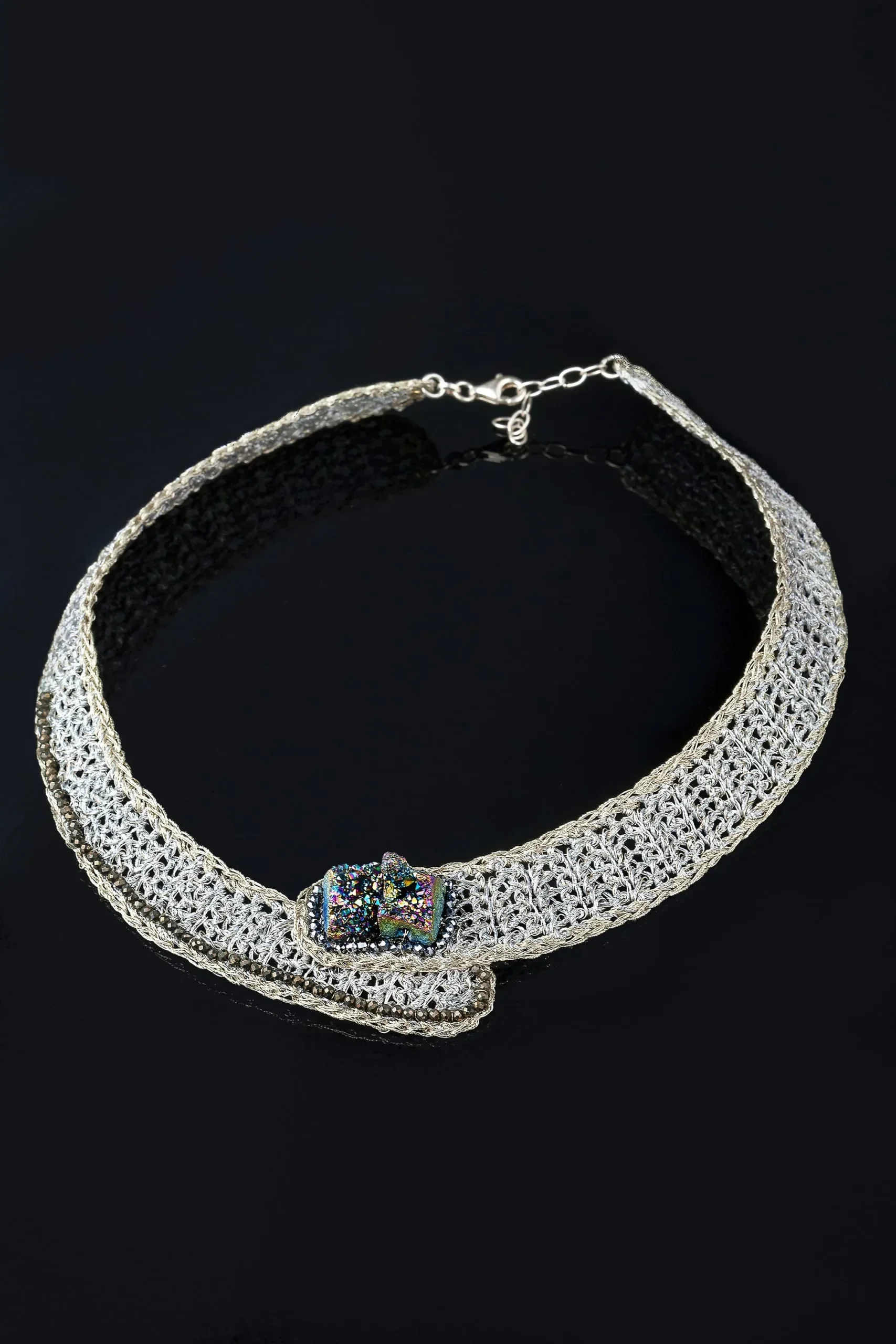 Handmade Jewellery | Crochet knit silver necklace with and pyrite gallery 4