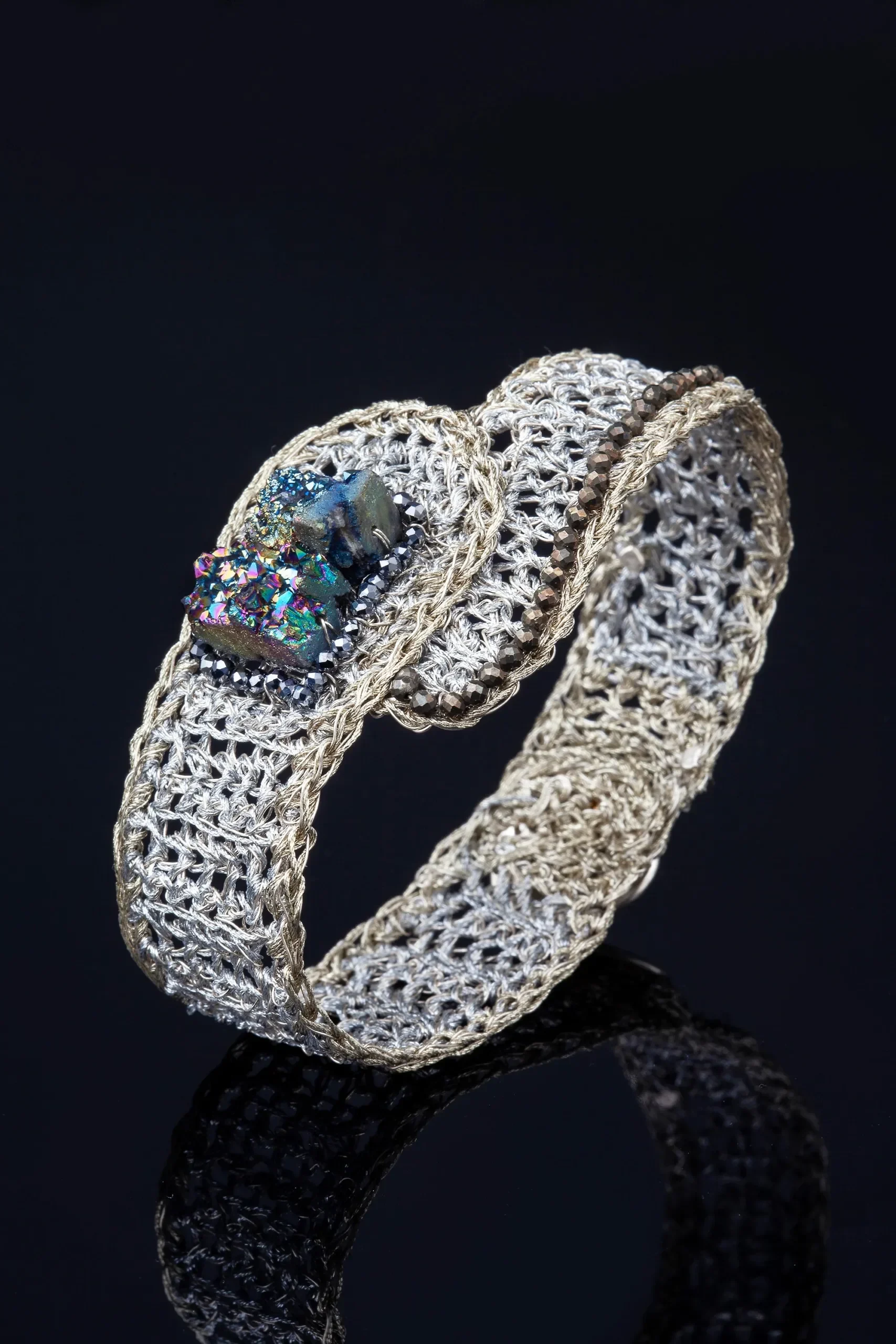 Handmade Jewellery | Crochet knit silver bracelet with pyrite gallery 2