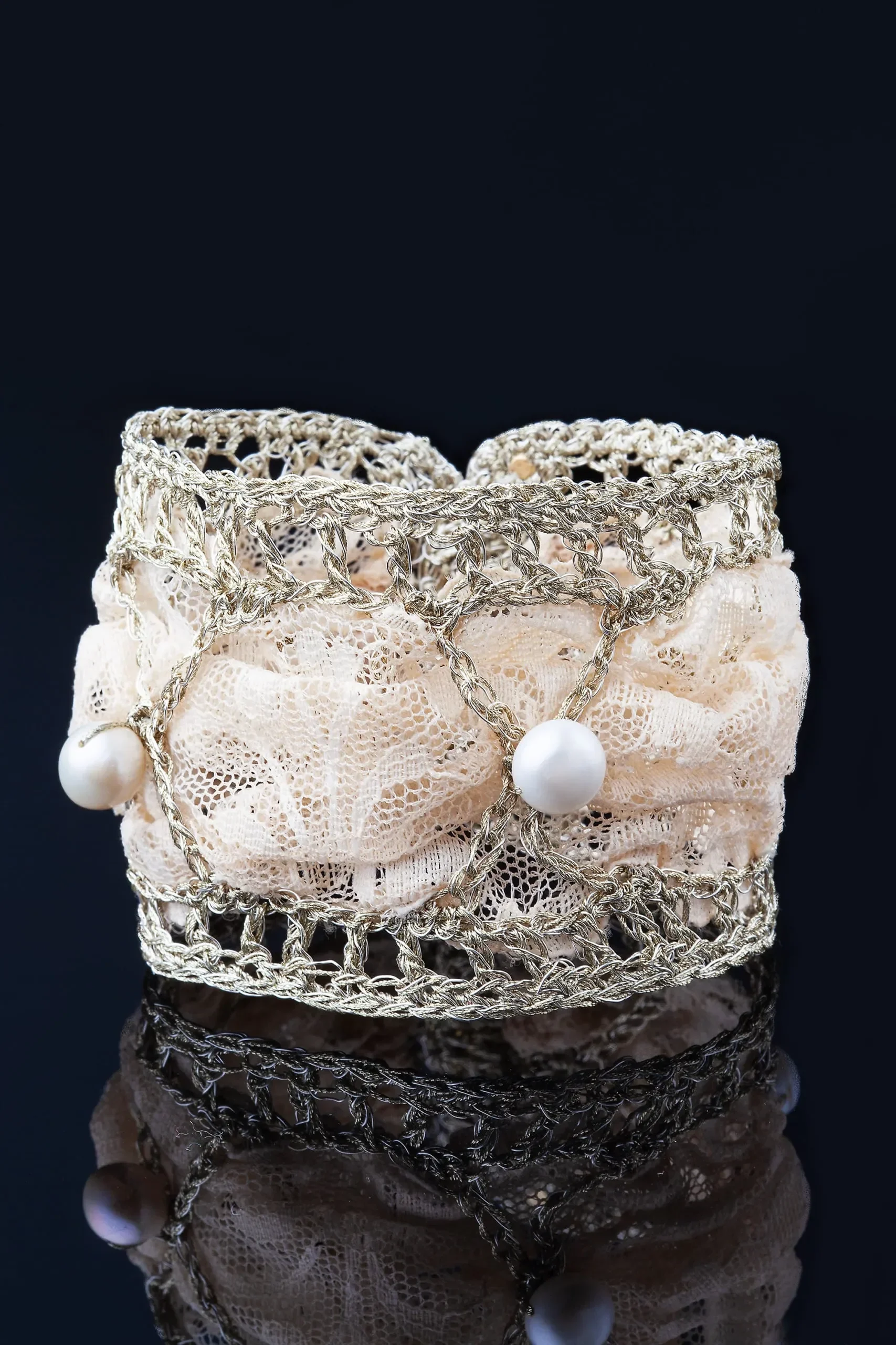 Handmade Jewellery | Crochet knit silver bracelet with pearls and lace gallery 3