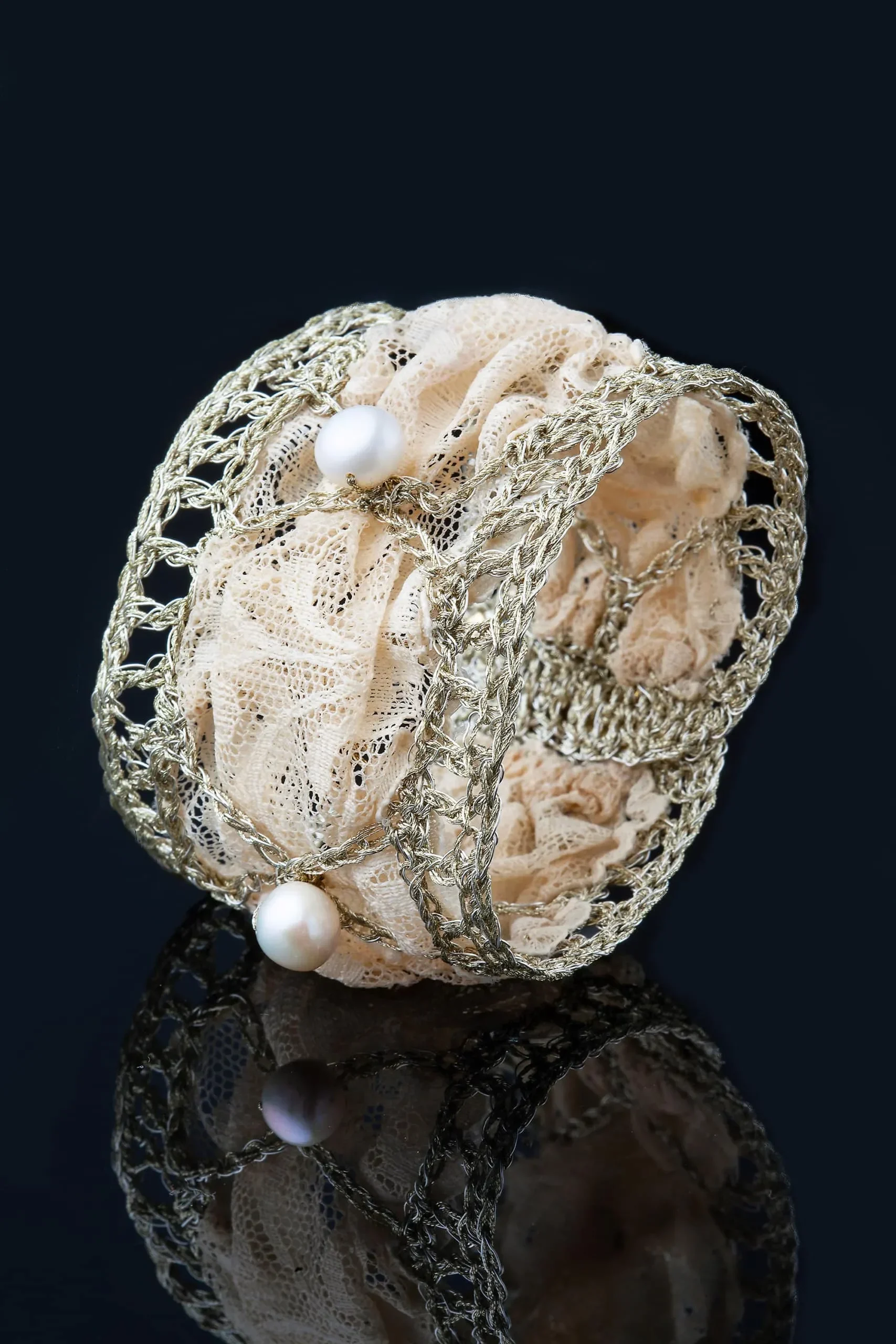 Handmade Jewellery | Crochet knit silver bracelet with pearls and lace gallery 1