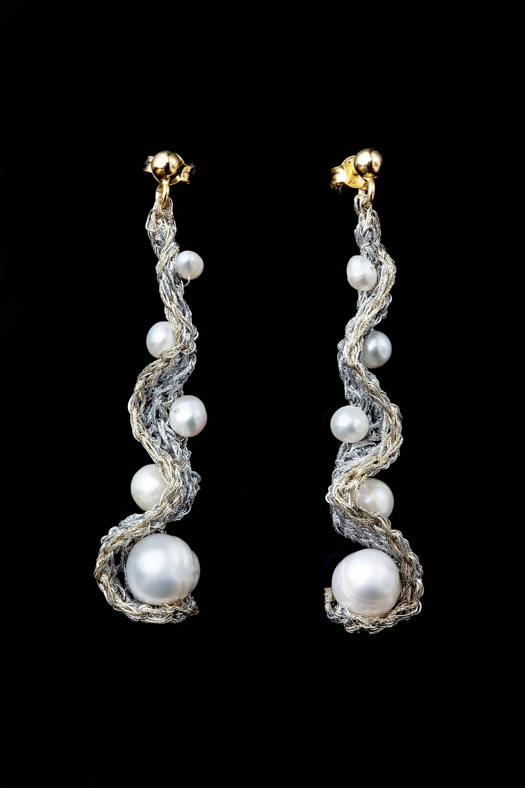 Handmade Jewellery | Crochet knit silver earrings with pearls gallery 1