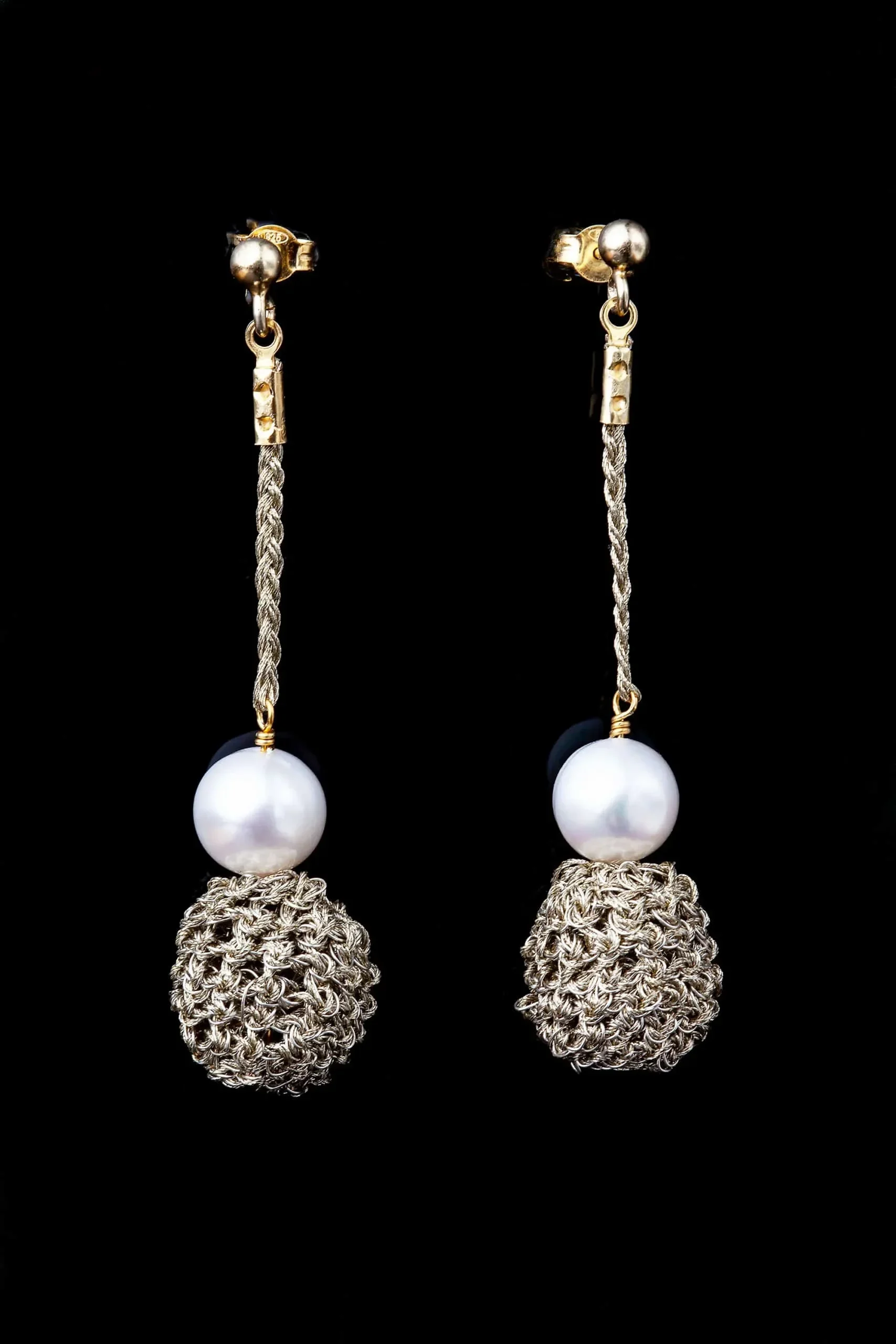 Handmade Jewellery | Crochet knit silver earrings with and pearls gallery 2