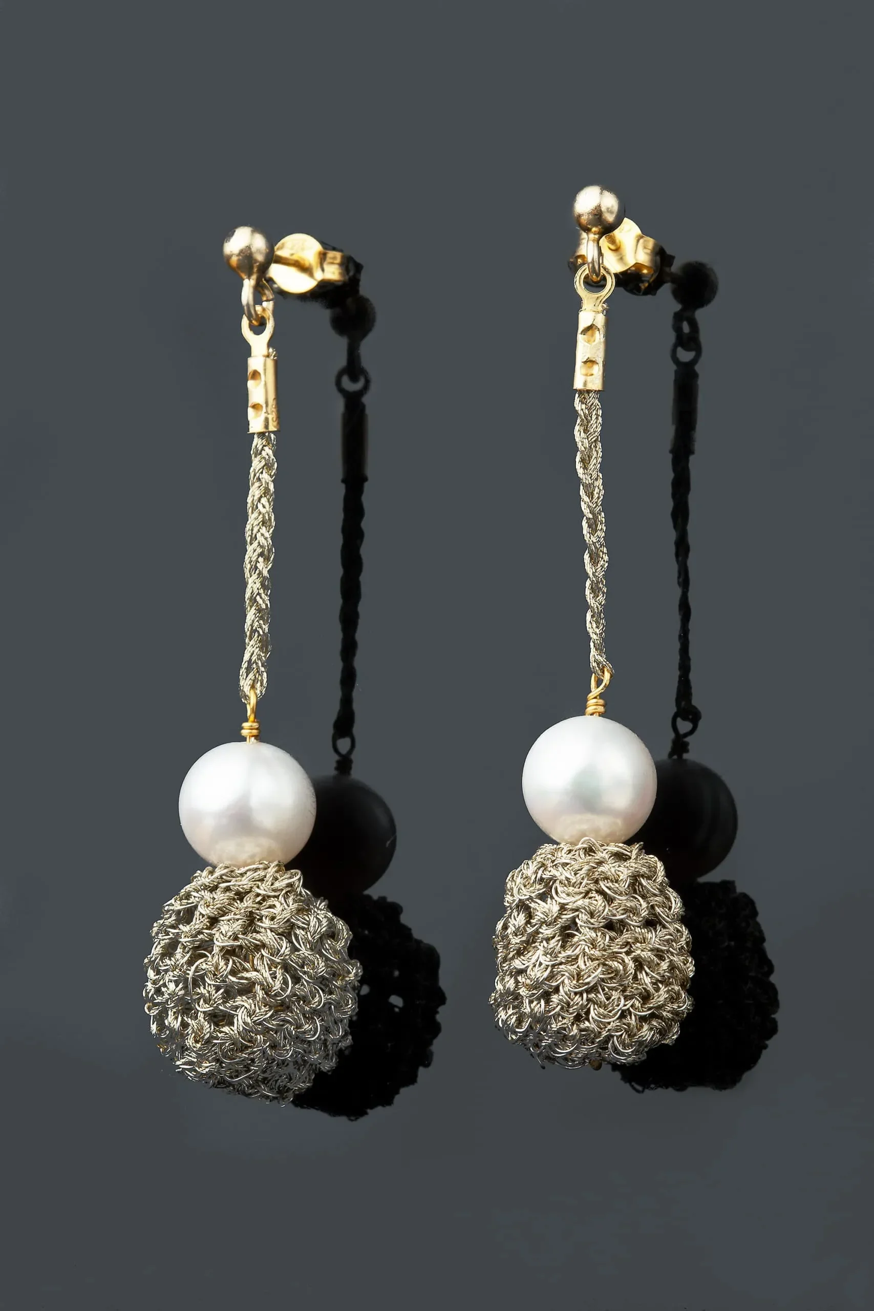 Handmade Jewellery | Crochet knit silver earrings with and pearls gallery 1