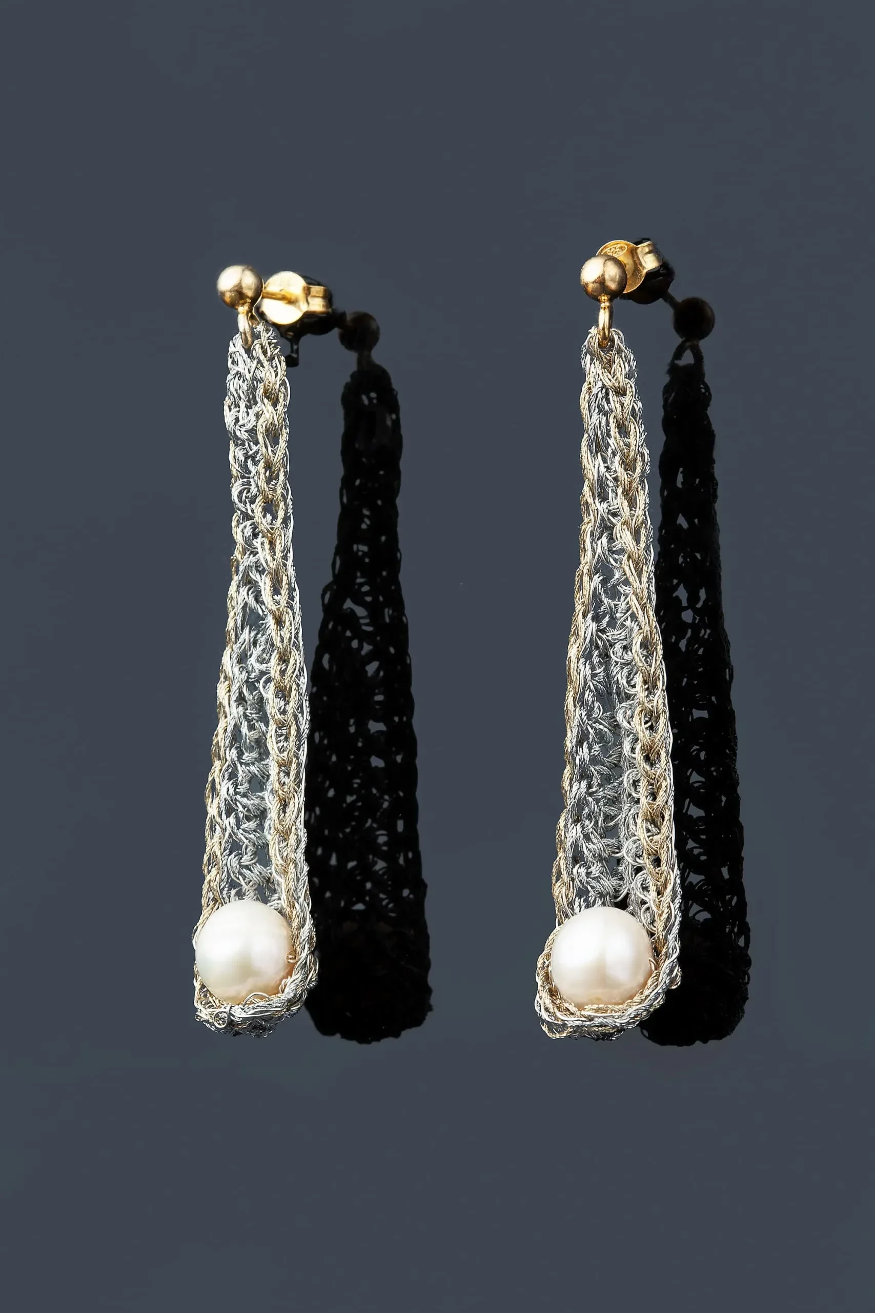 Handmade Jewellery | Crochet knit silver earrings with and pearls gallery 1