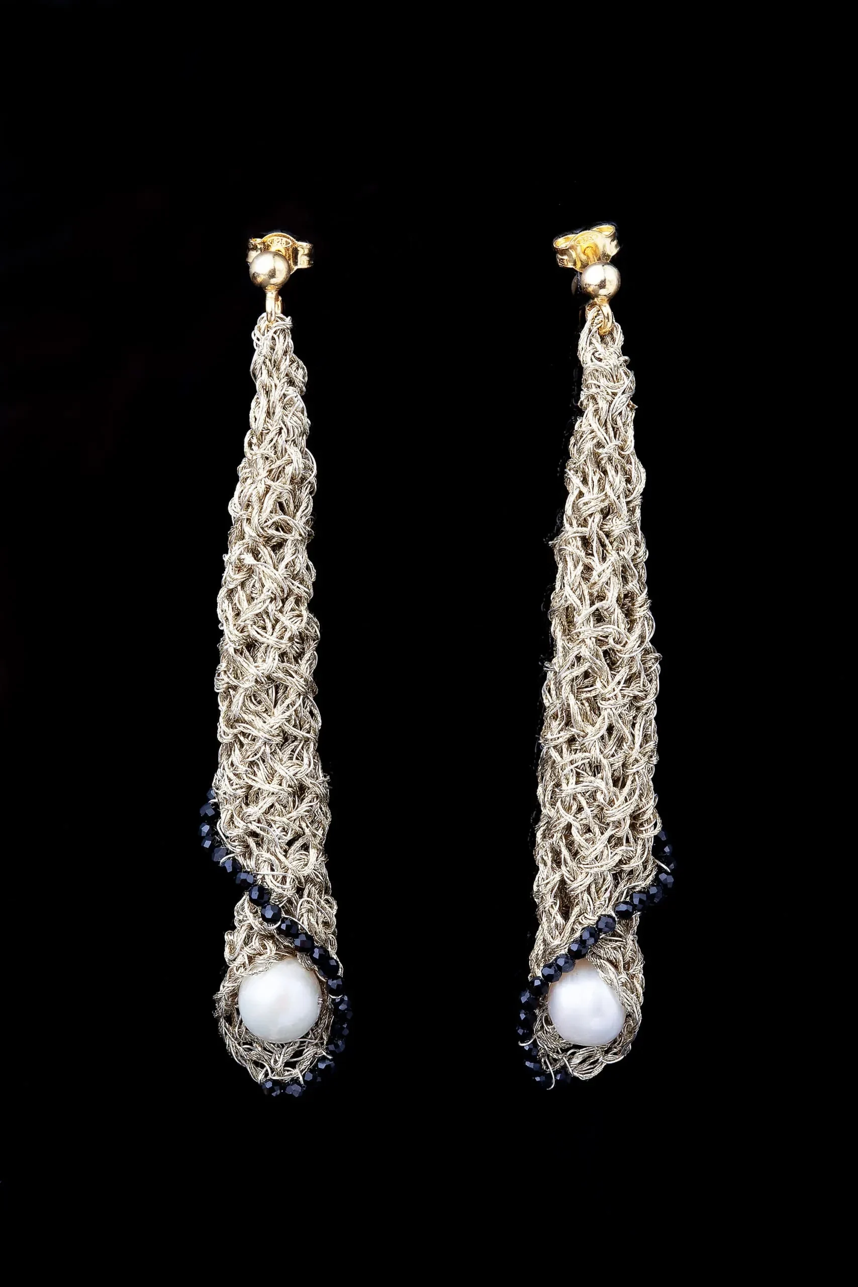 Handmade Jewellery | Crochet knit silver earrings with and pearls gallery 2