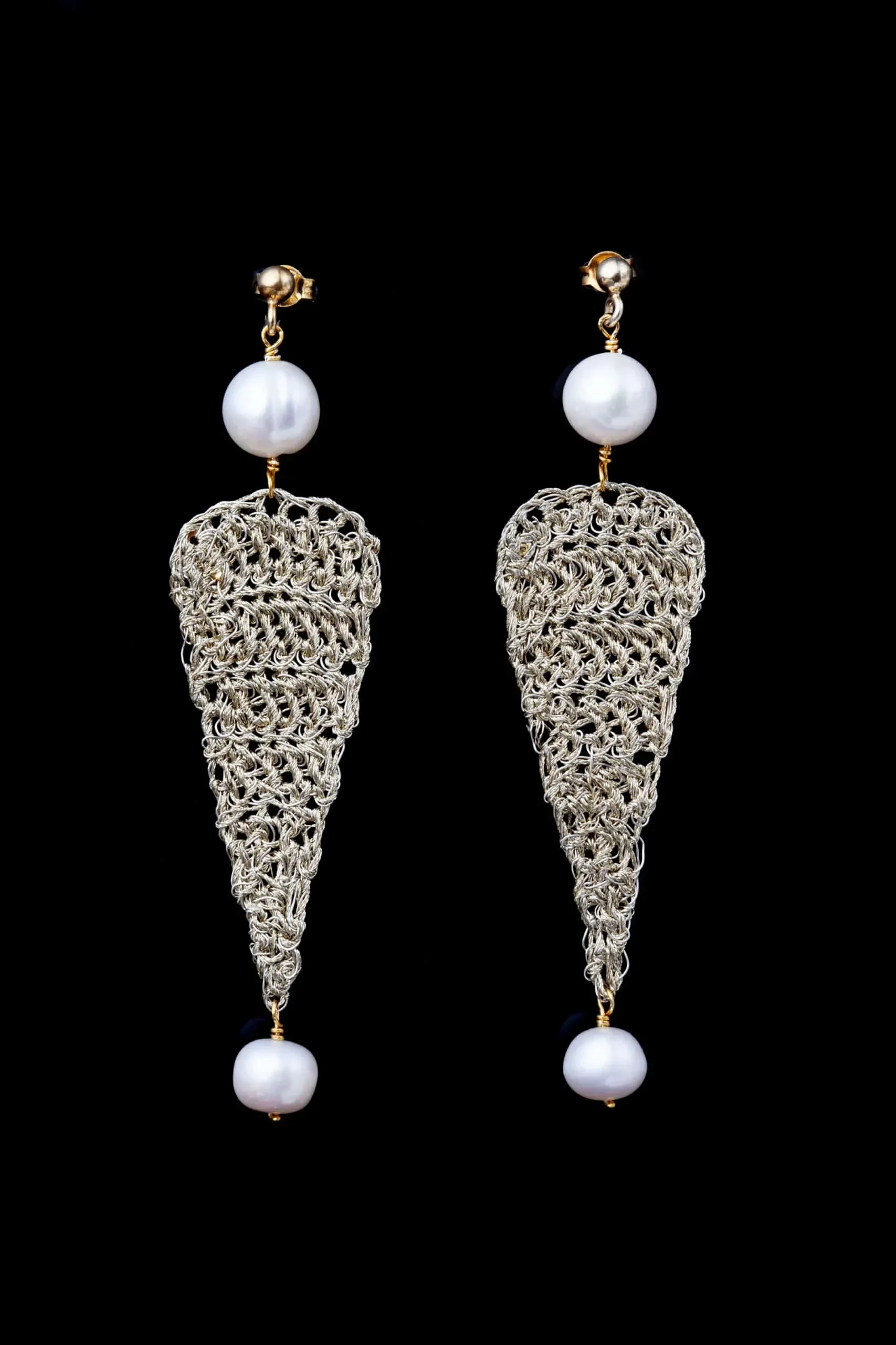 Handmade Jewellery | Triangle crochet knit silver earrings with pearls gallery 3