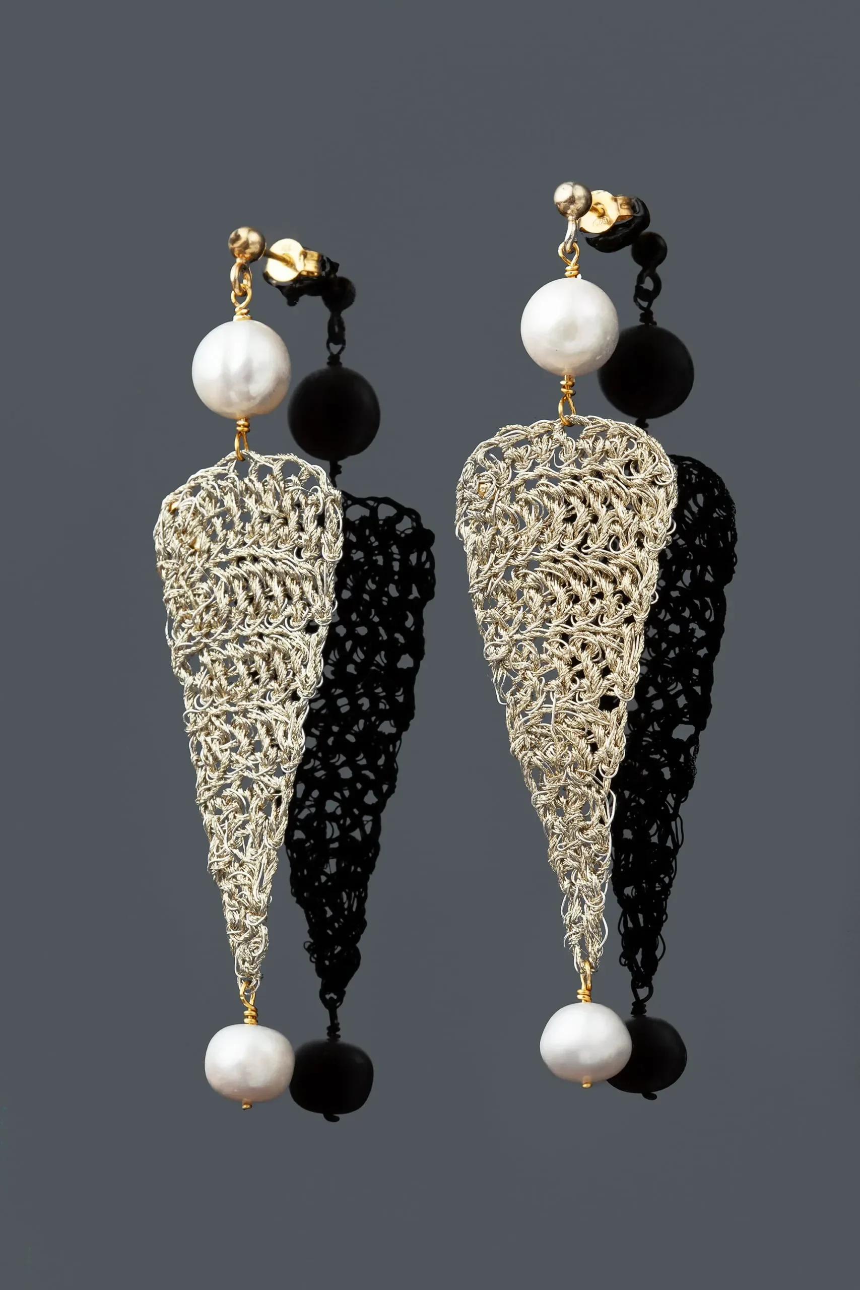 Handmade Jewellery | Triangle crochet knit silver earrings with pearls gallery 1