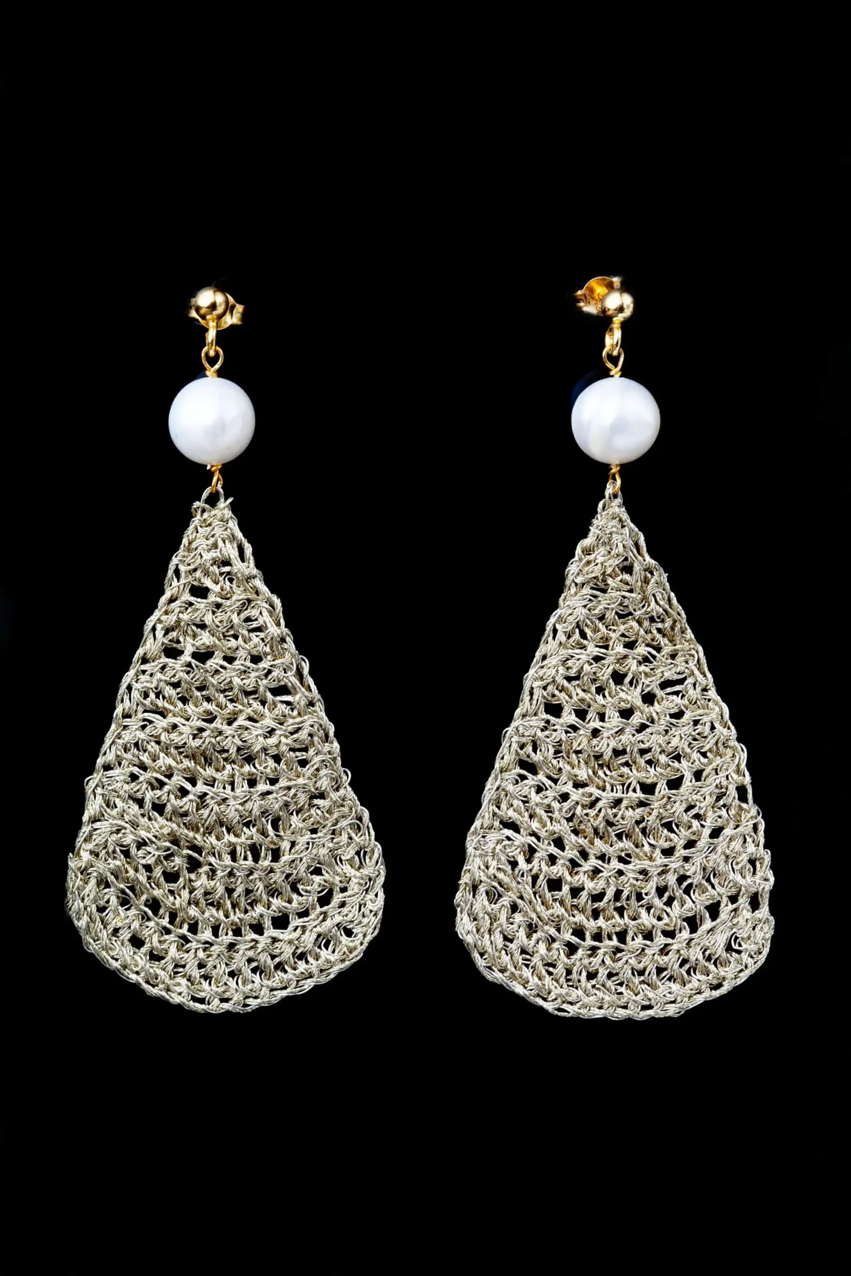 Handmade Jewellery | Teardrop crochet knit silver earrings with and pearls gallery 1