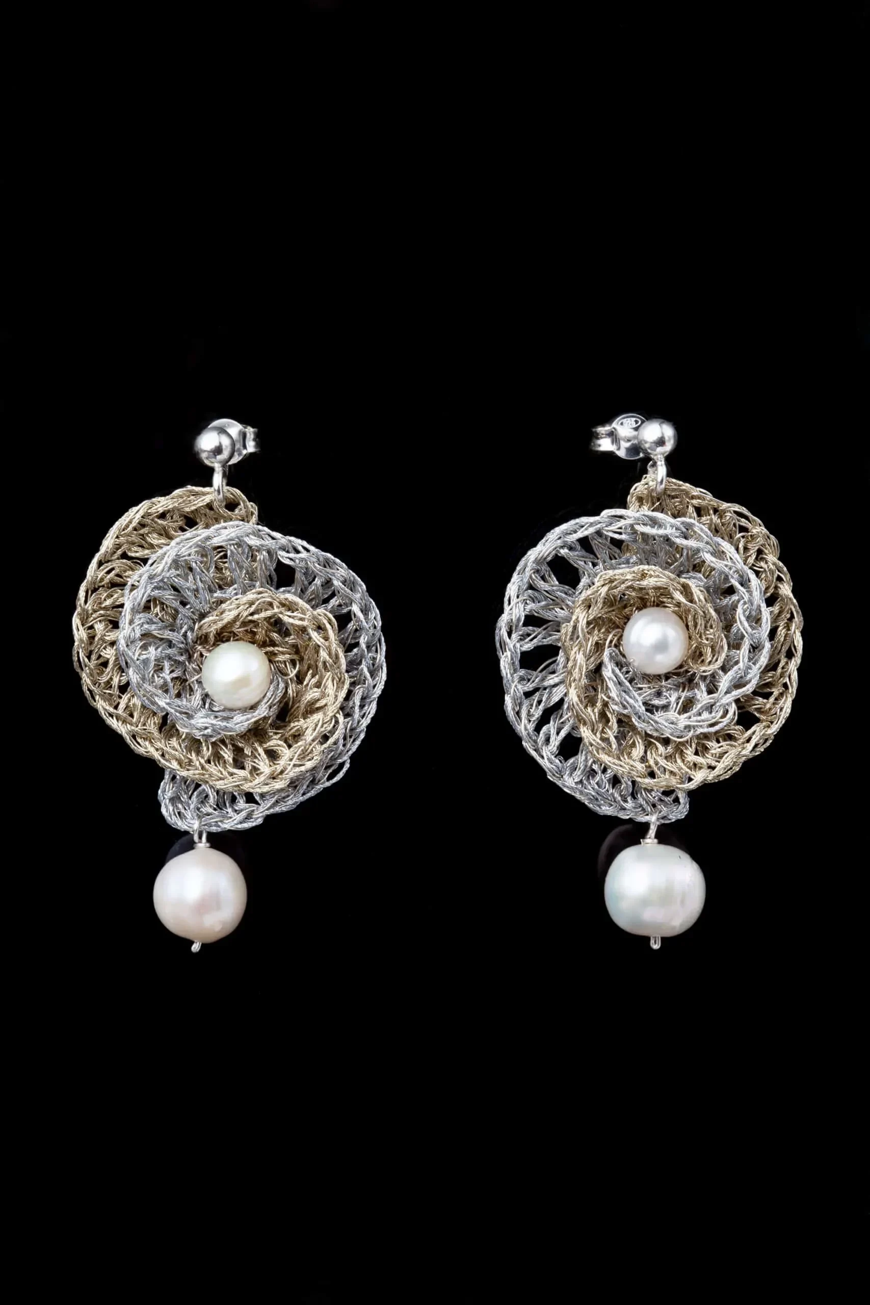 Handmade Jewellery | Rose crochet knit silver earrings with and pearls gallery 1