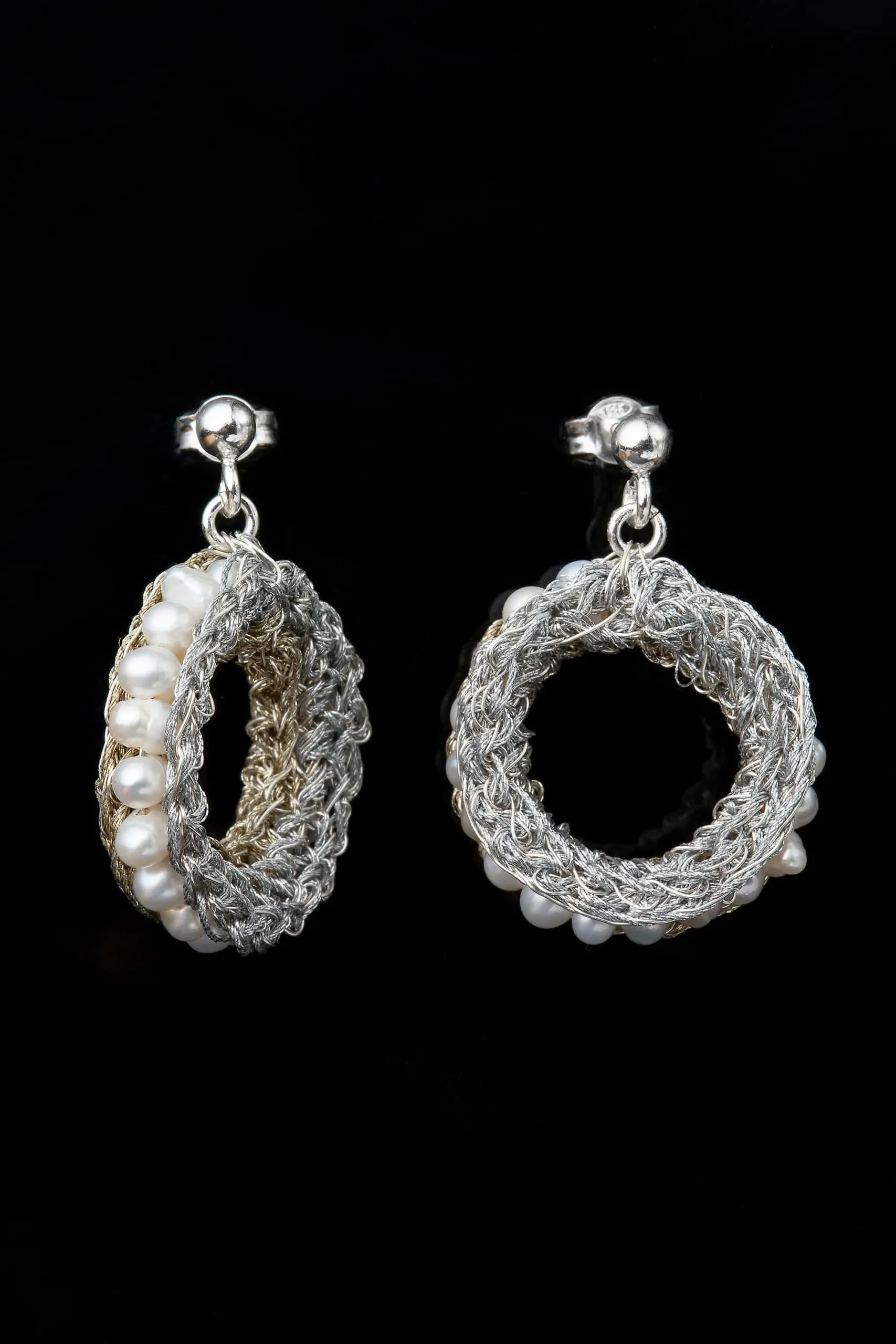 Handmade Jewellery | Round crochet knit silver earrings with and pearls gallery 1