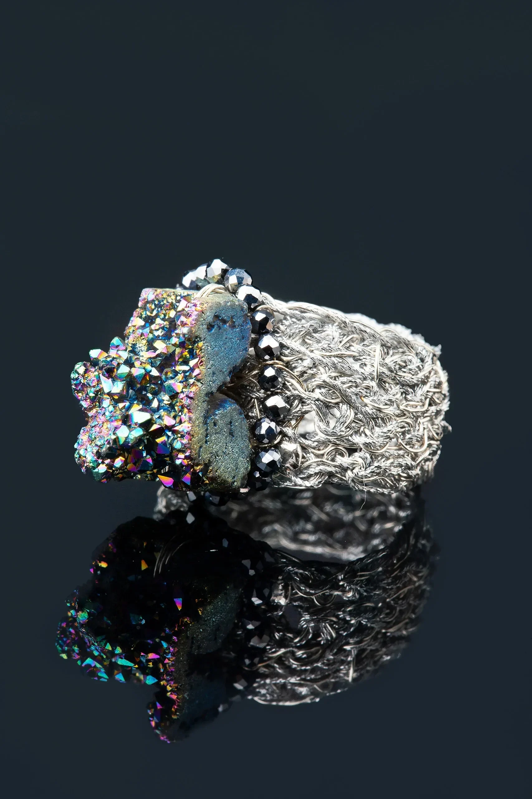 Handmade Jewellery | Crochet knit silver ring with pyrite gallery 3