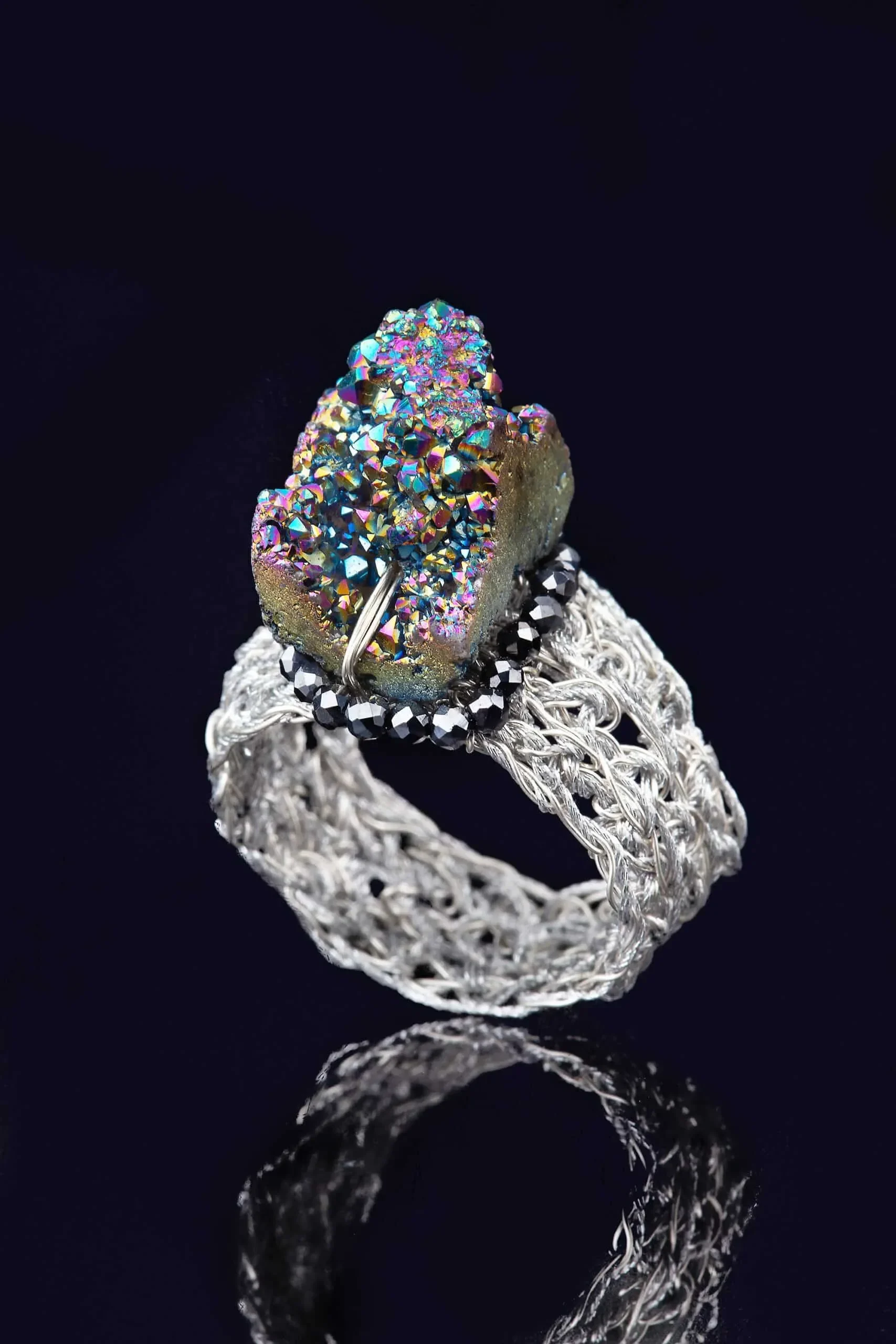 Handmade Jewellery | Crochet knit silver ring with pyrite gallery 1