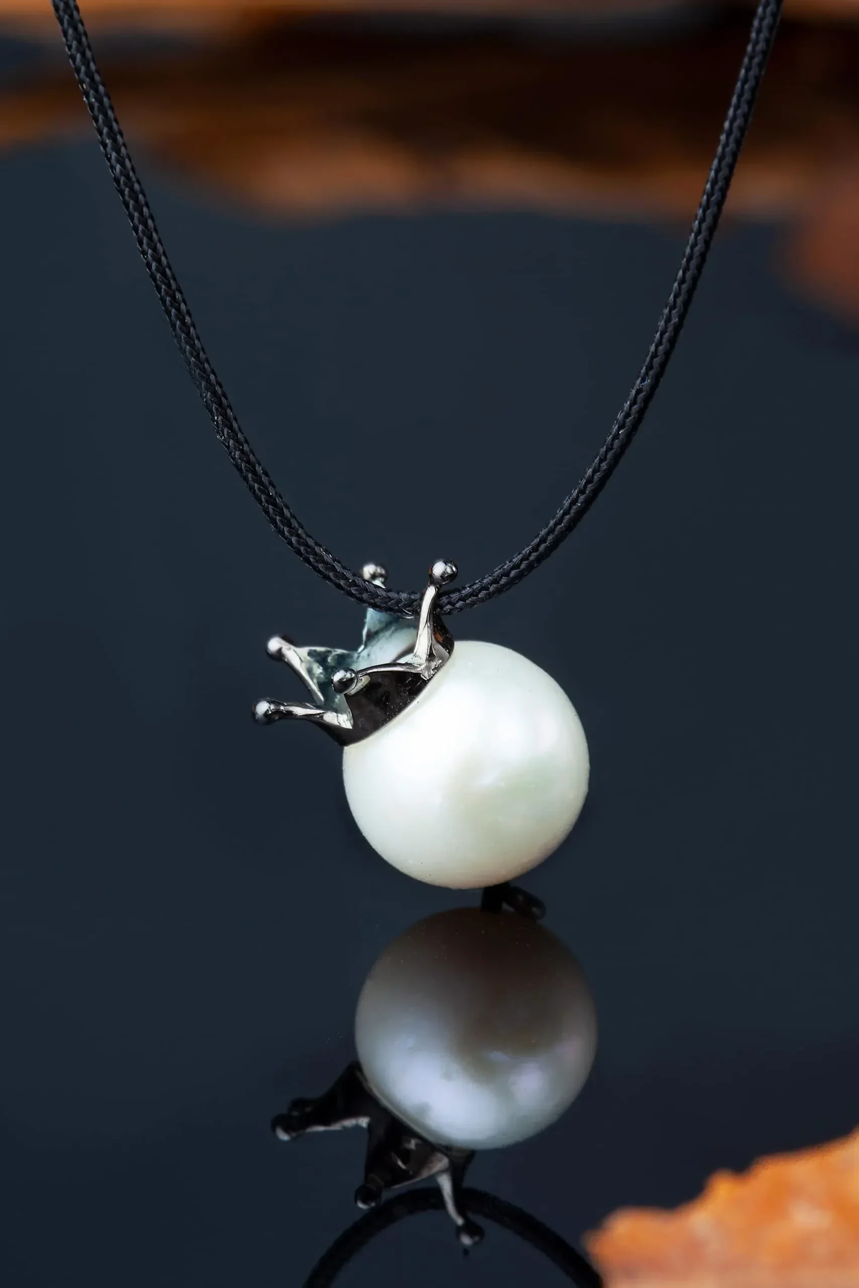 Handmade Jewellery | Crown black plated silver pendant with pearl gallery 1