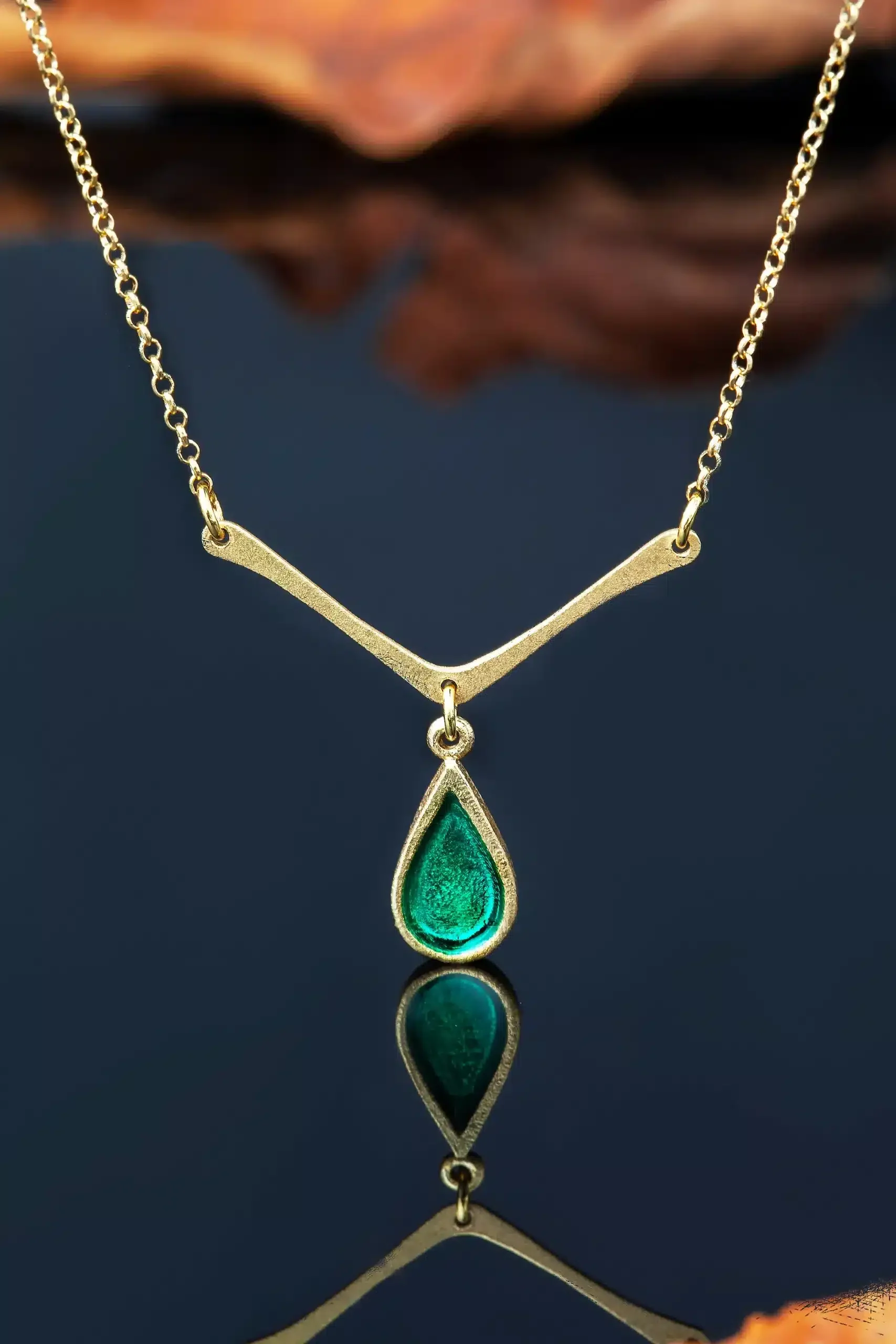 Handmade Jewellery | Drop gold plated silver necklace with green enamel gallery 1