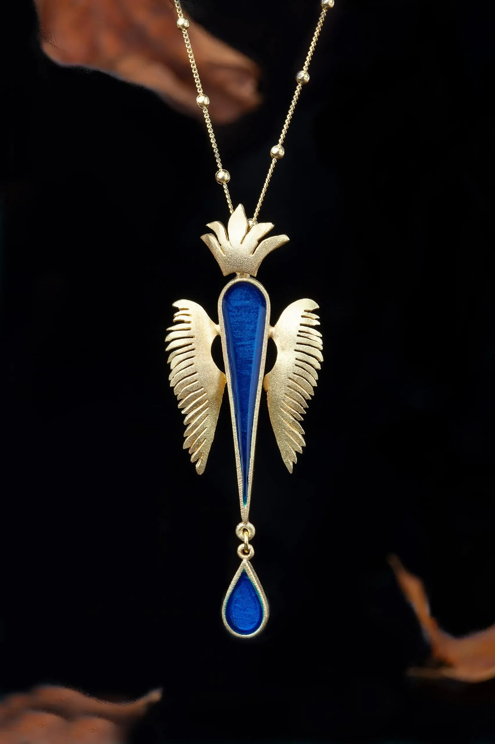 Handmade Jewellery | Angel wings gold plated silver necklace with blue enamel gallery 1