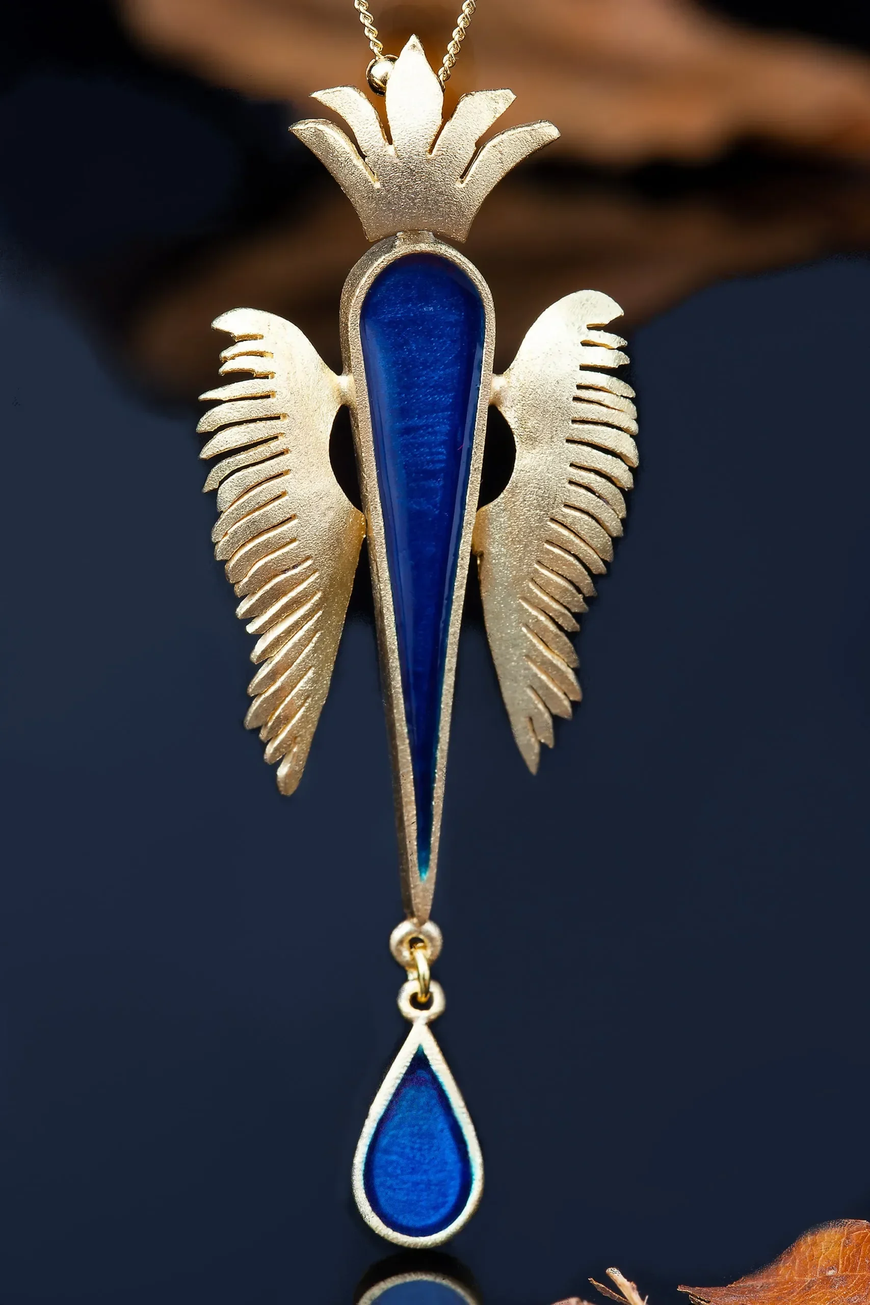 Handmade Jewellery | Angel wings gold plated silver necklace with blue enamel gallery 2