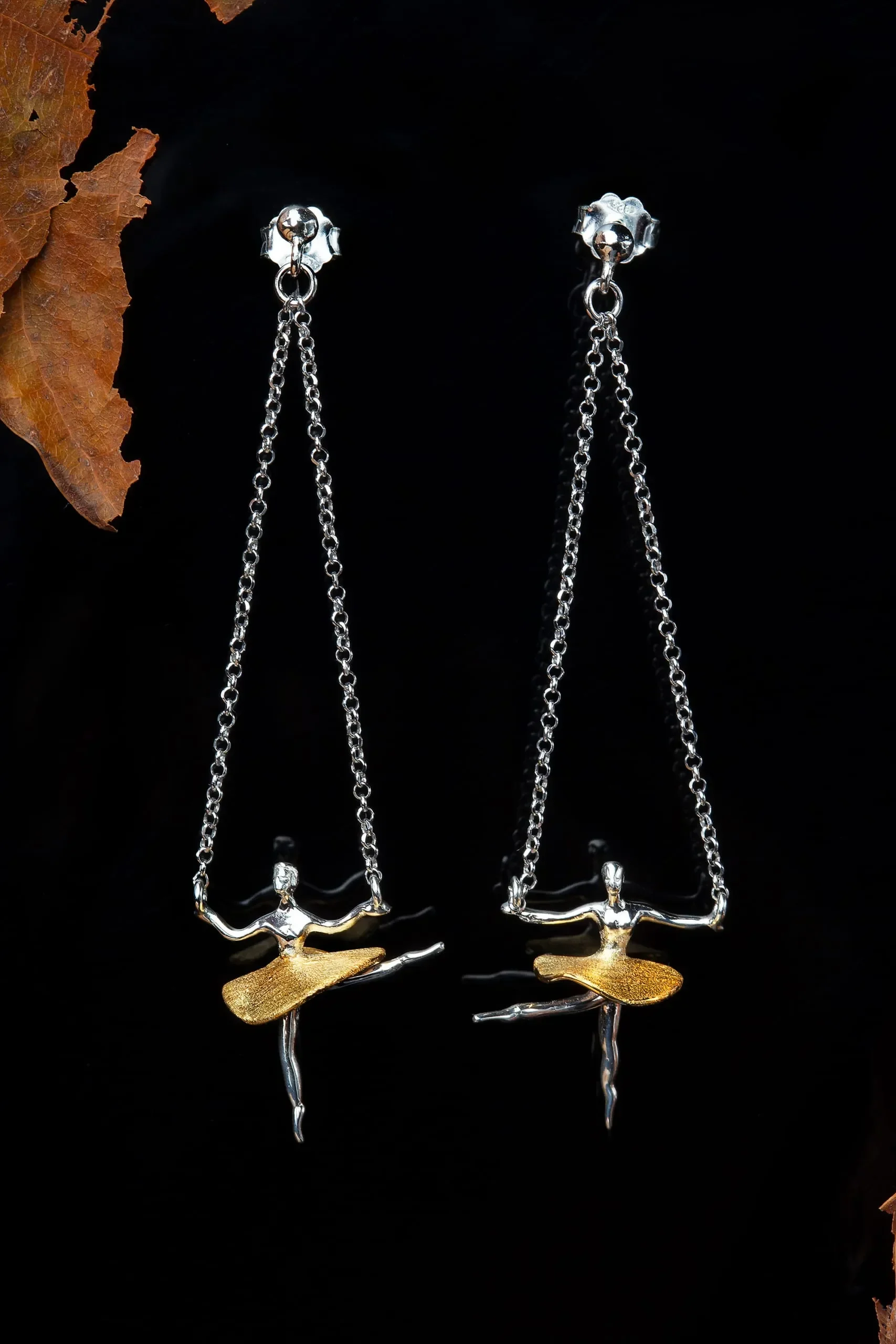 Handmade Jewellery | Ballet dancers gold and rhodium plated silver earrings gallery 2