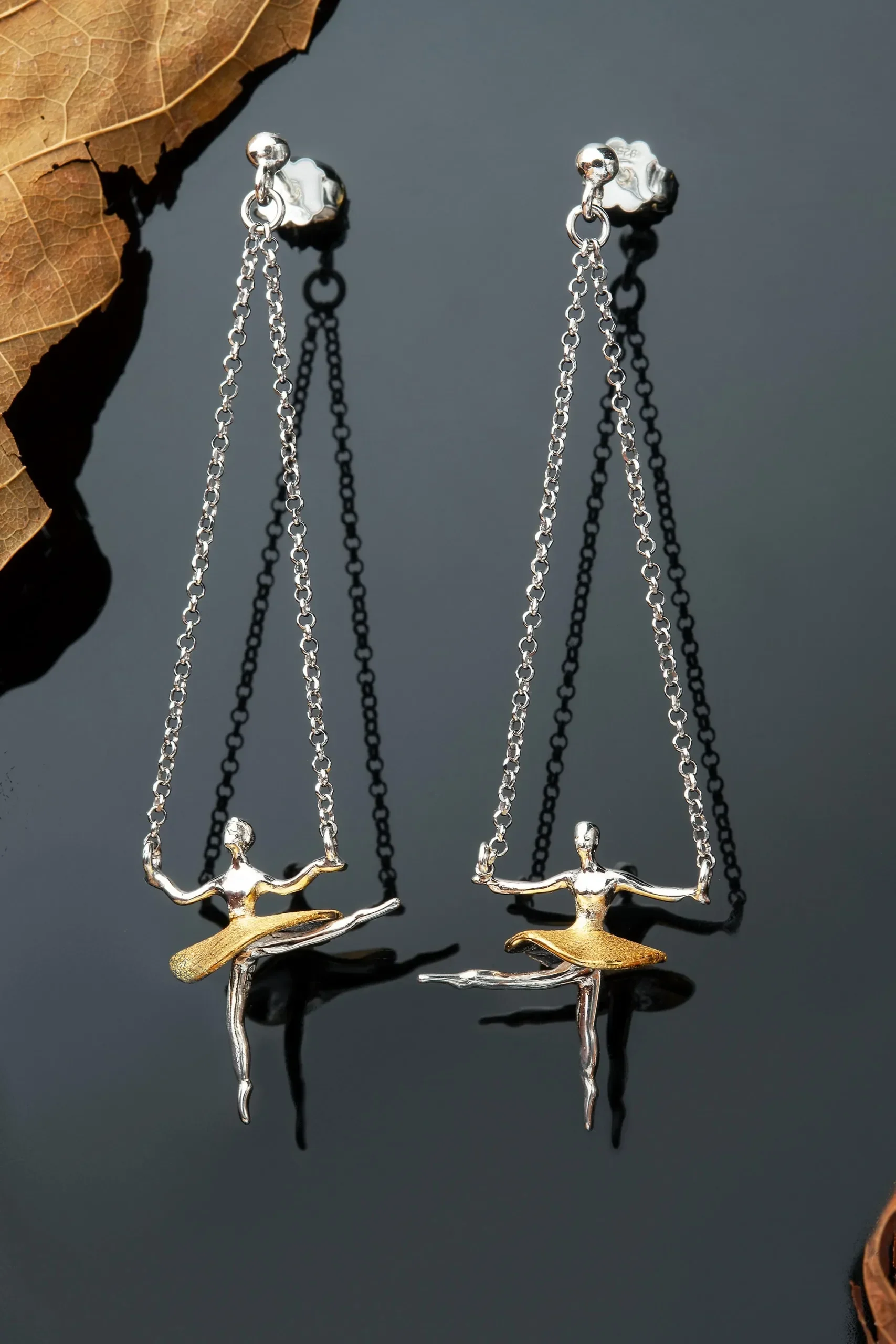 Handmade Jewellery | Ballet dancers gold and rhodium plated silver earrings gallery 1