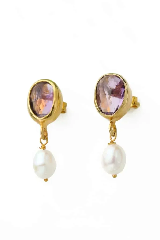 Handmade Jewellery | Amethyst and pearl gold plated silver earrings main