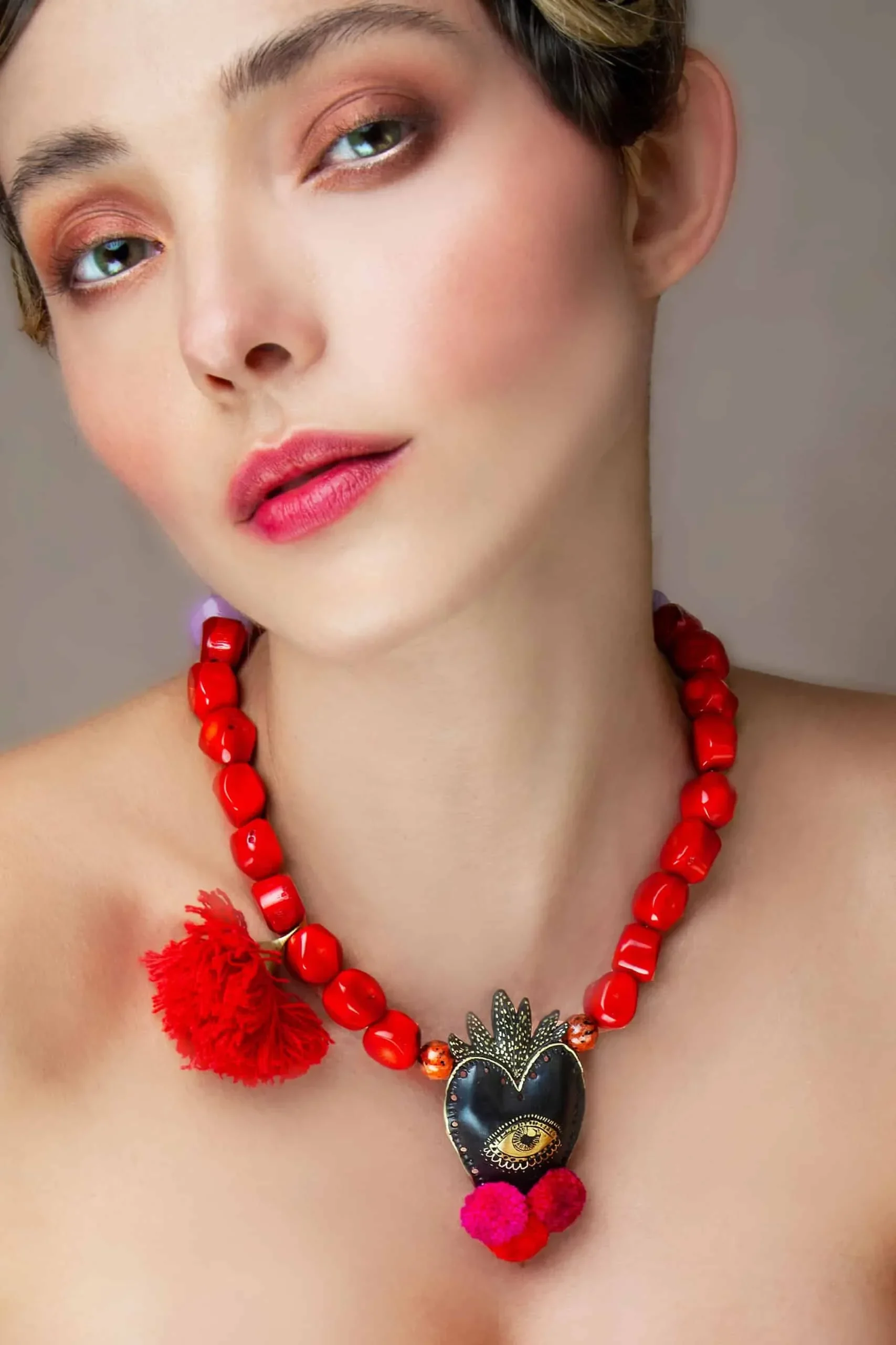 Handmade Jewellery | Heart engraved bronze necklace with corals and pompoms gallery 1