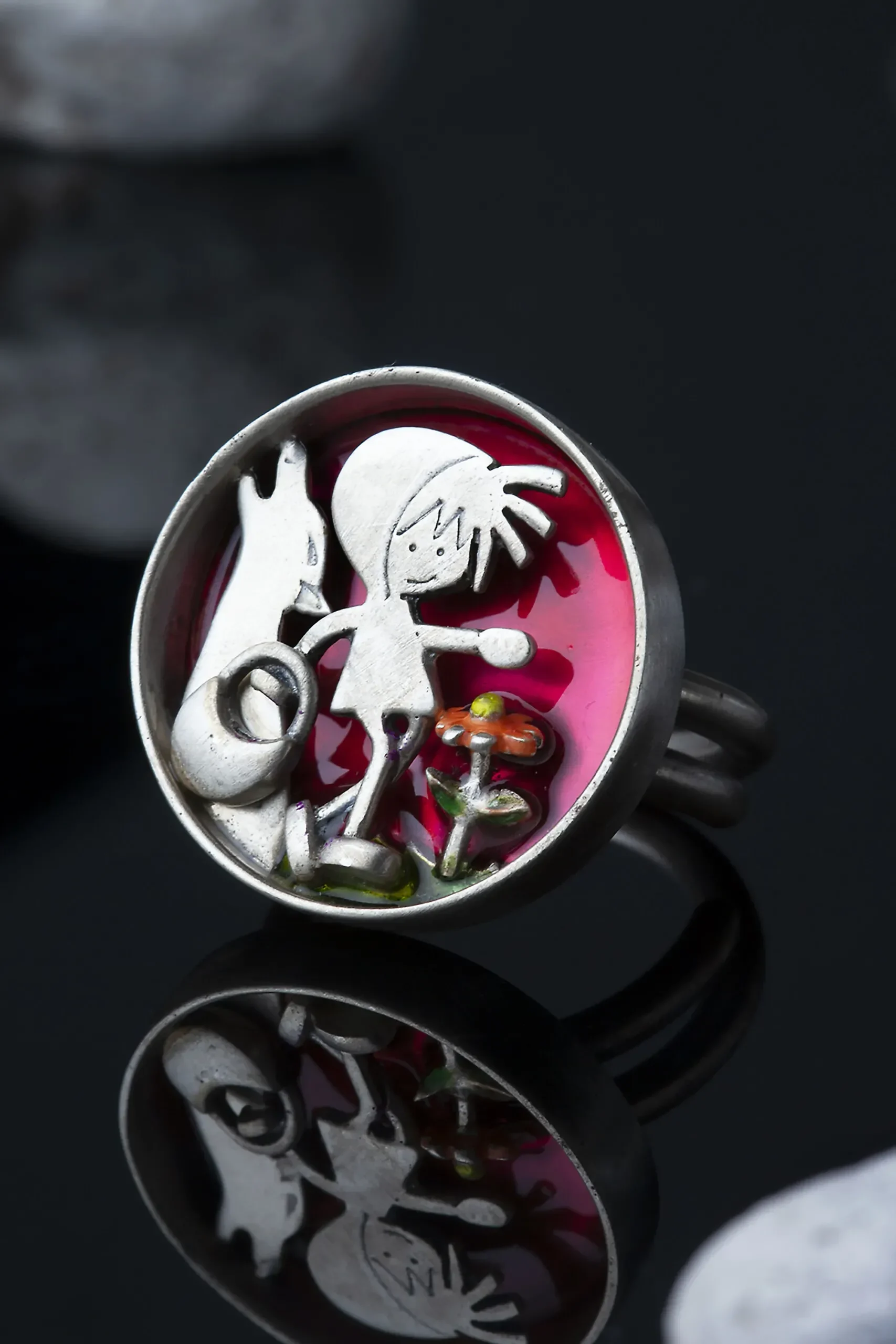 Handmade Jewellery | Little red riding hood oxidized silver ring with enamel gallery 1