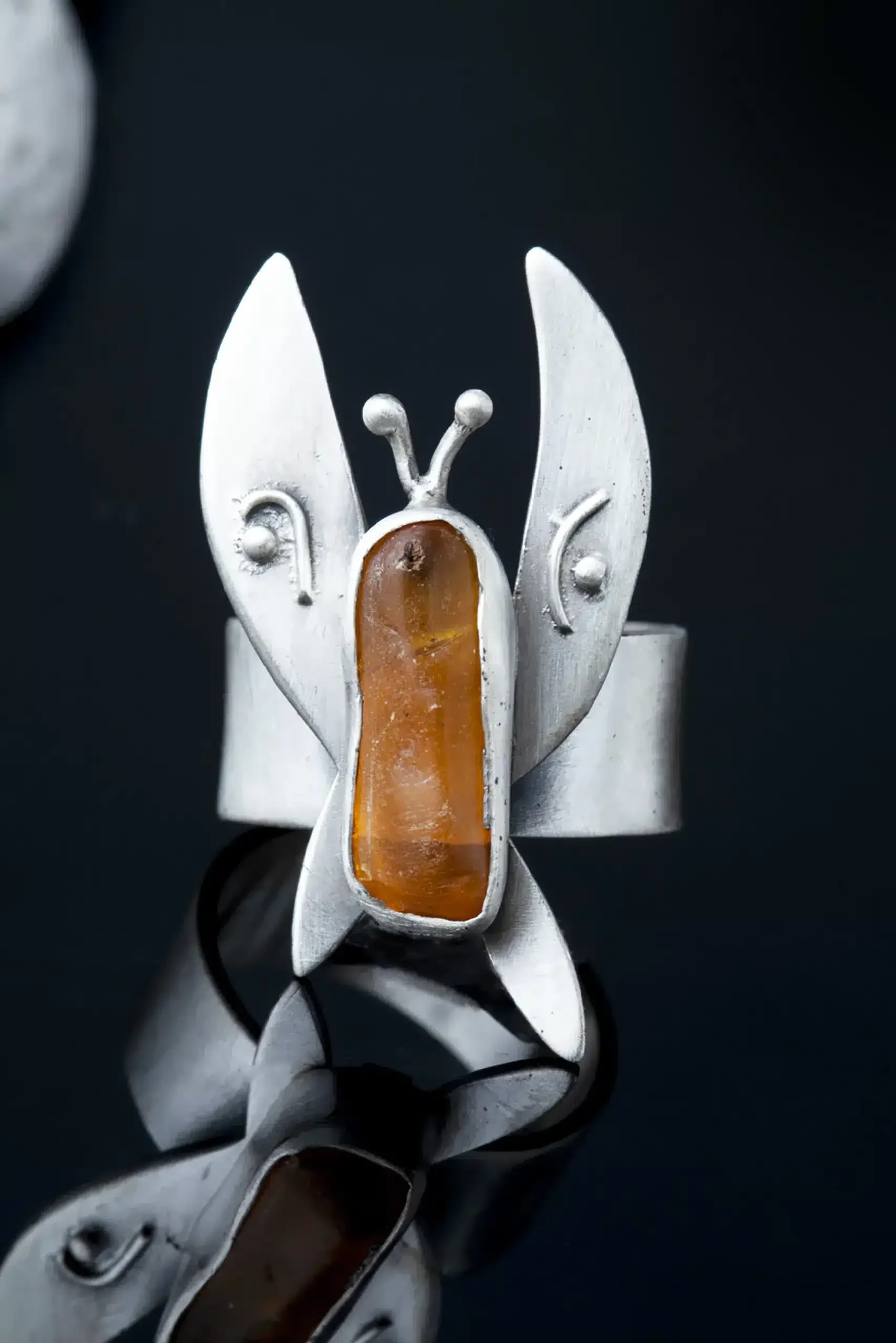 Handmade Jewellery | Butterfly silver ring with amber gallery 2