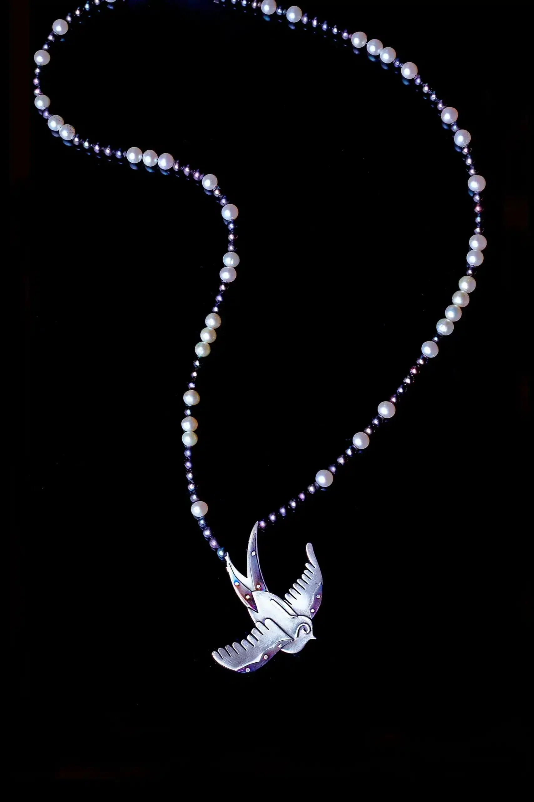 Handmade Jewellery | Swallow silver and titanium necklace with pearls gallery 2