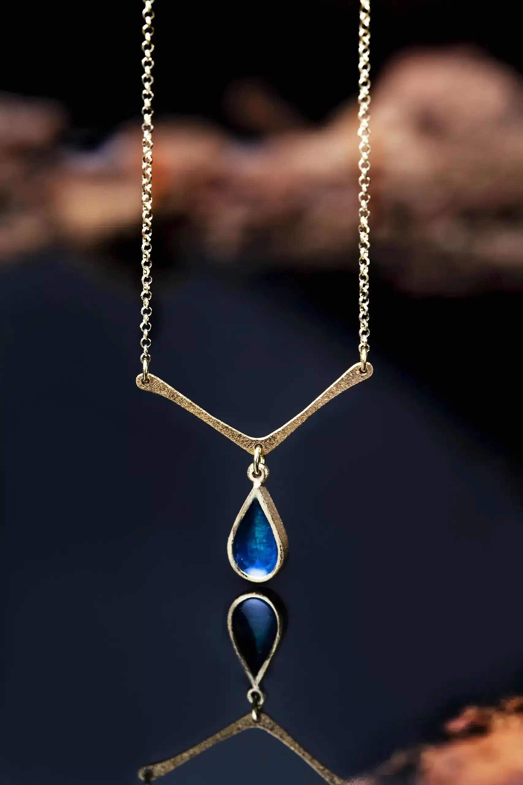 Handmade Jewellery | Drop gold plated silver necklace with blue enamel gallery 1