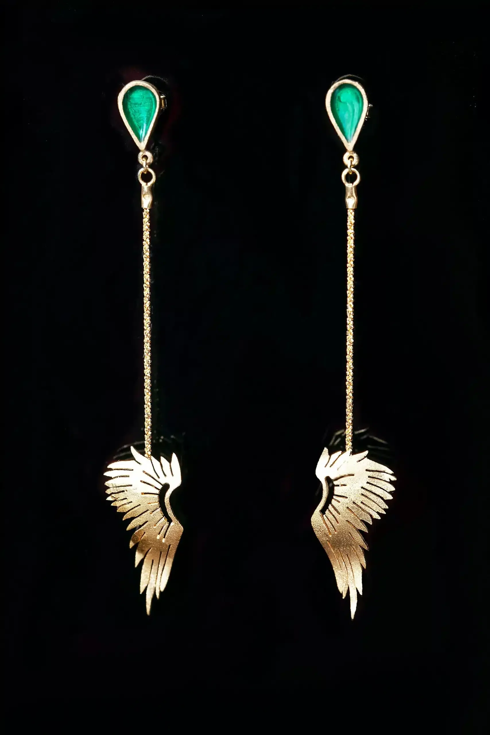 Handmade Jewellery | Angel wings gold plated silver earrings with green enamel gallery 2