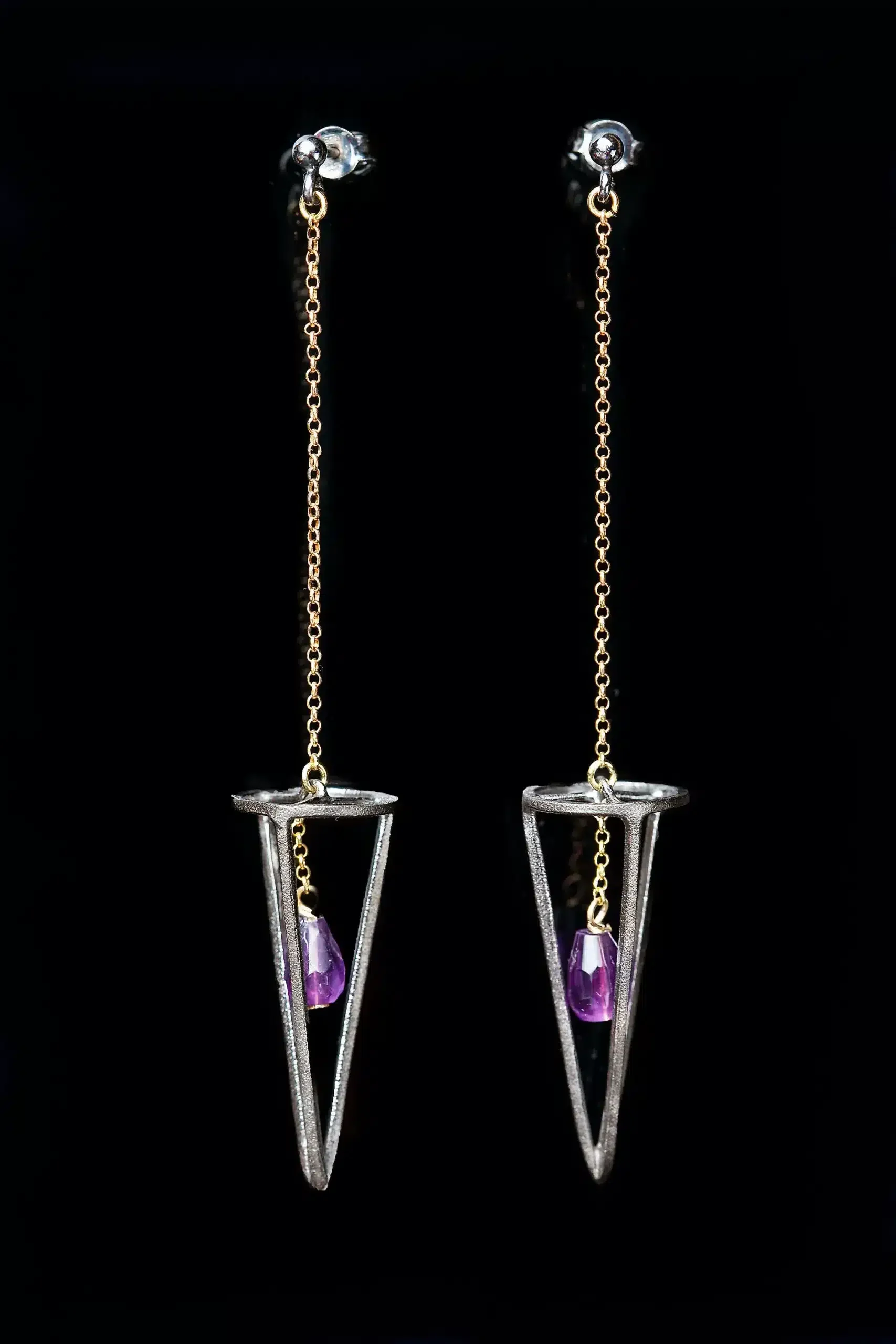 Handmade Jewellery | Cone silver gold and black plated earrings with amethyst gallery 2