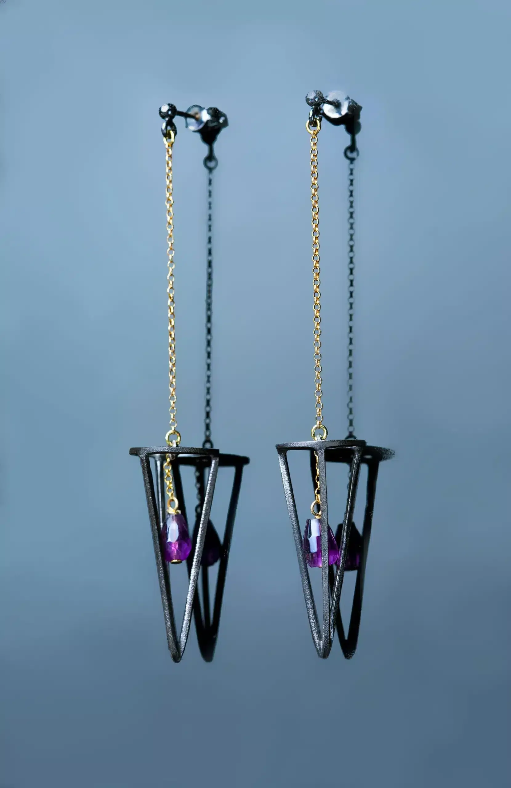 Handmade Jewellery | Cone silver gold and black plated earrings with amethyst gallery 1