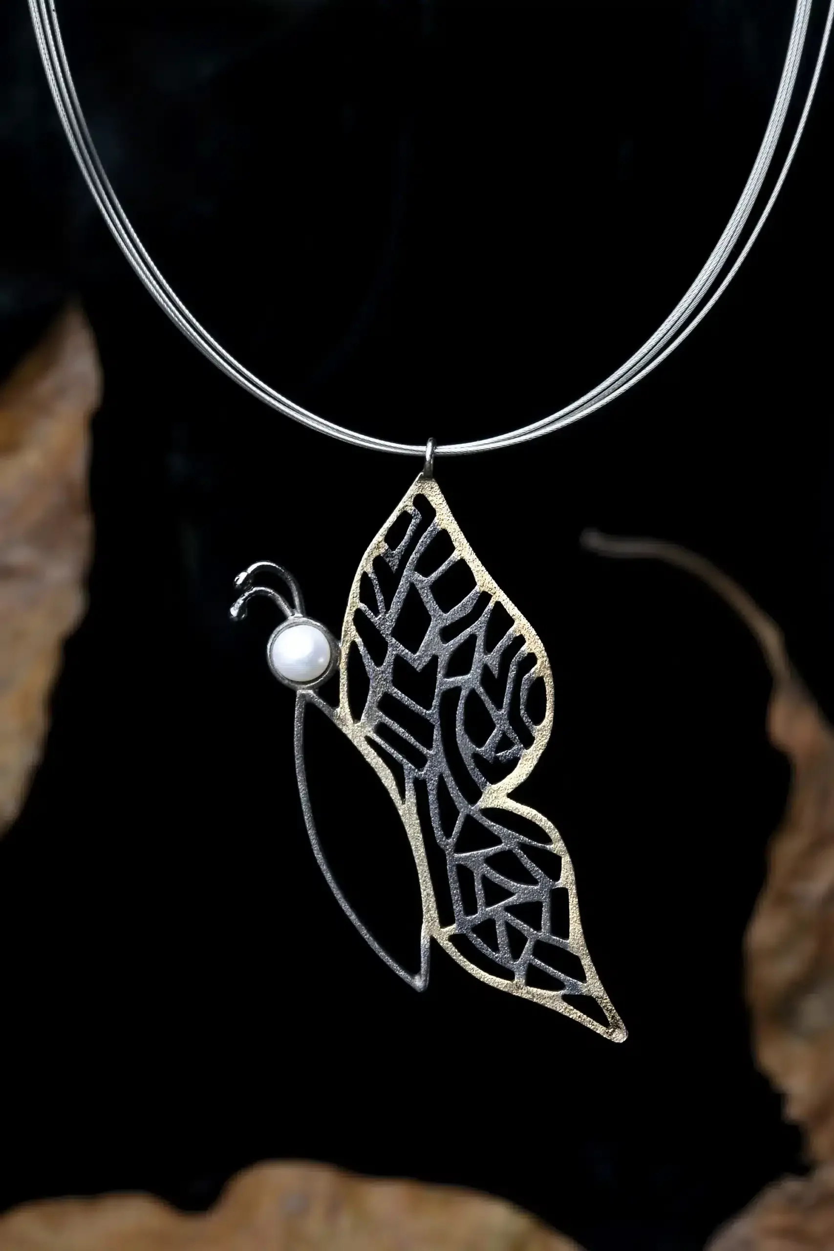 Handmade Jewellery | Butterfly silver necklace with gold plated detail and pearl gallery 1