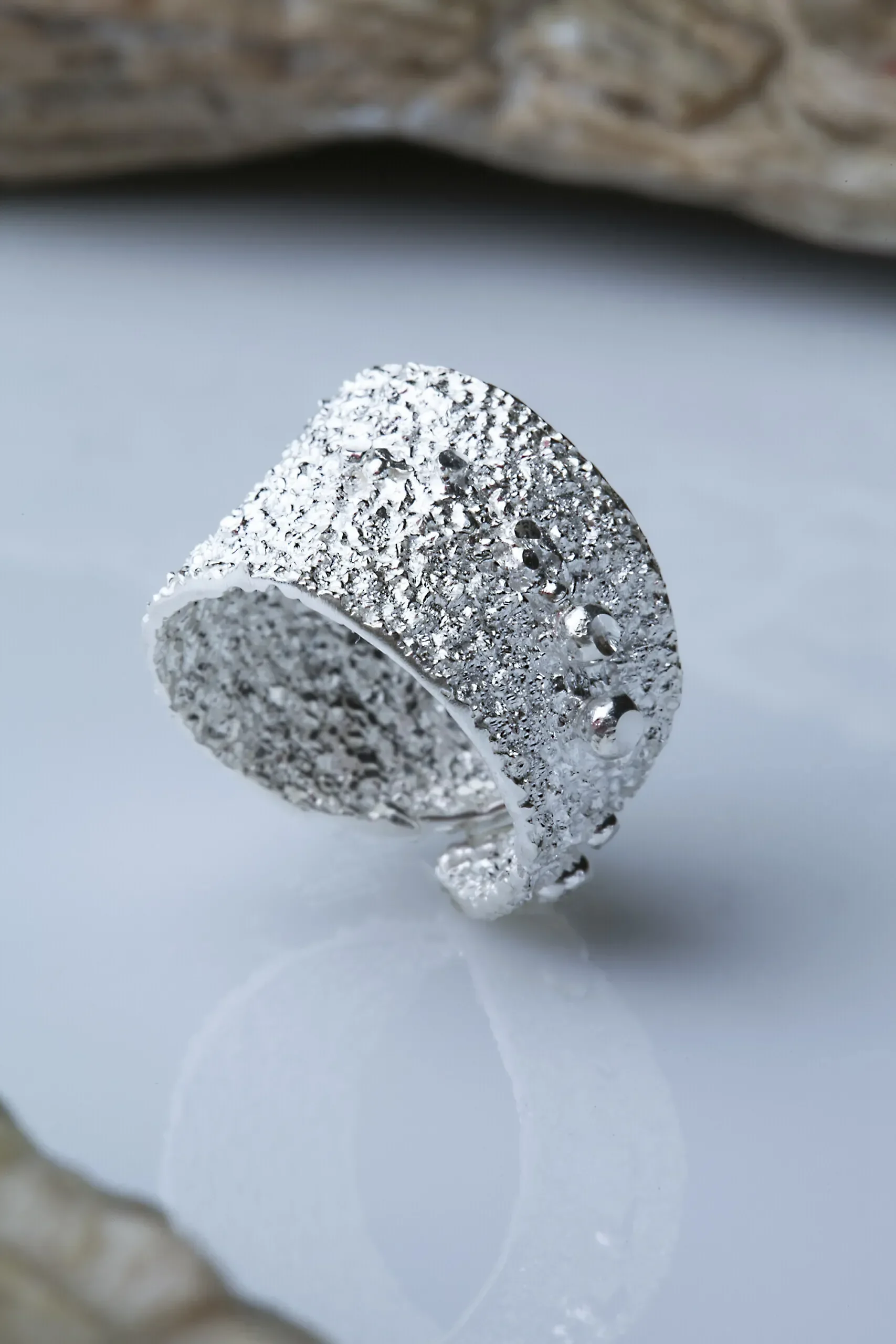 Handmade Jewellery | Silver textured ring rhodium plated gallery 1