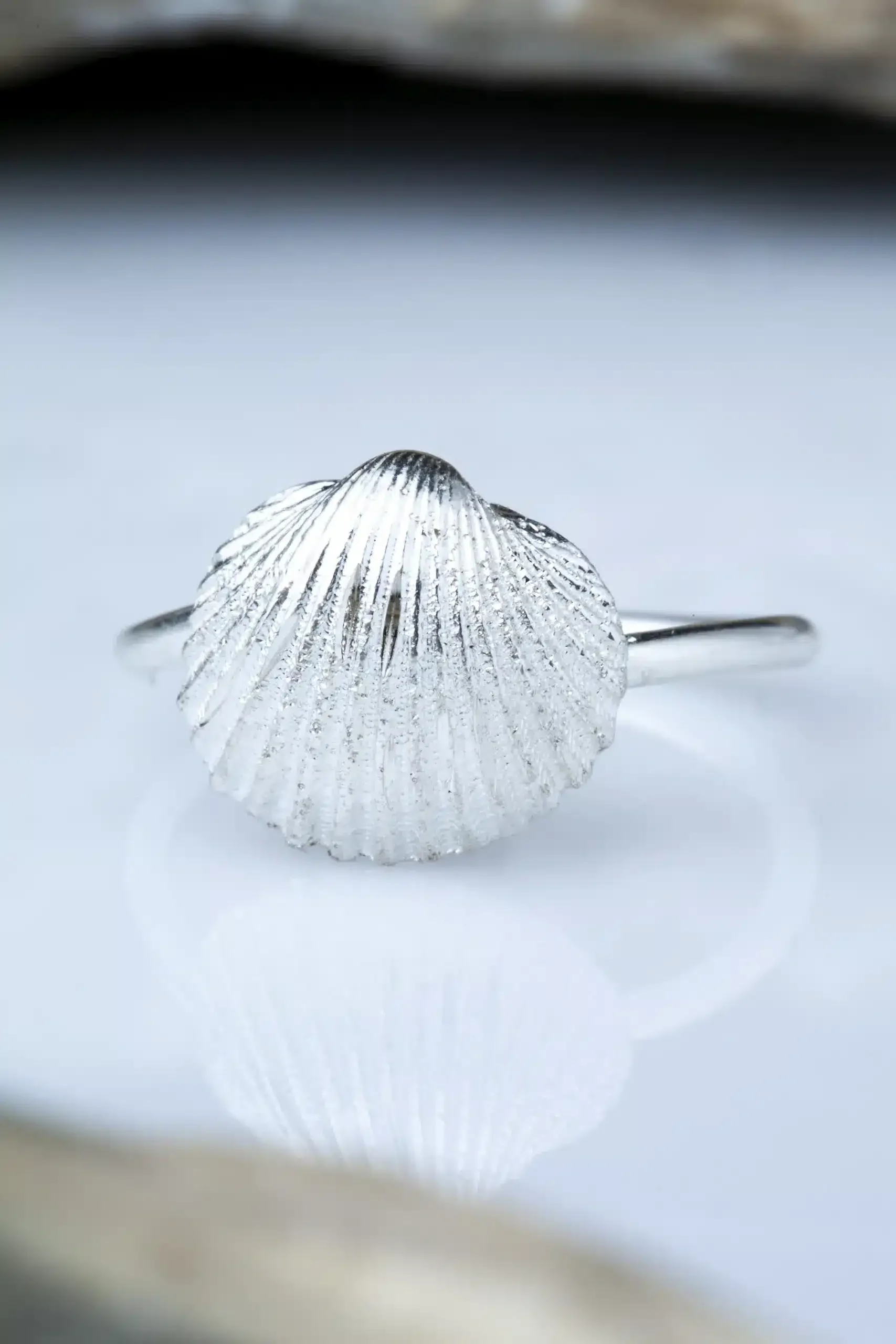 Handmade Jewellery | Seashell adjustable rhodioum plated silver ring with diamond dust gallery 1