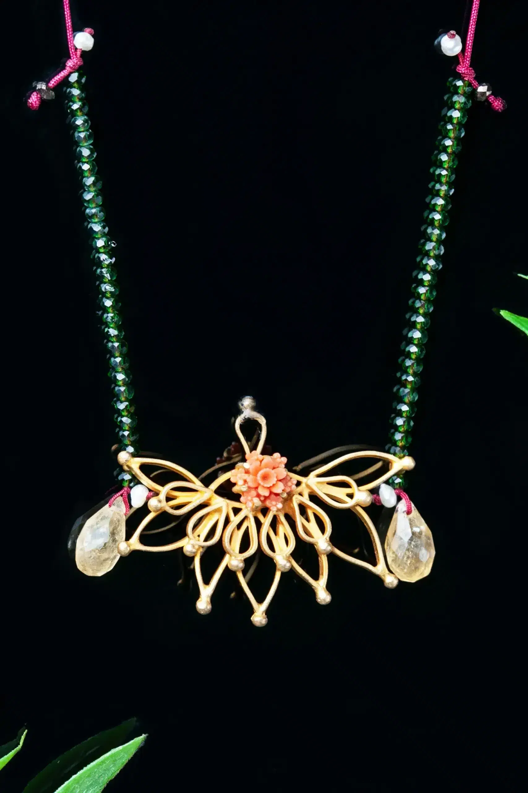 Handmade Jewellery | Gold plated bronze necklace, with semi precious decorations and quartz gallery 2