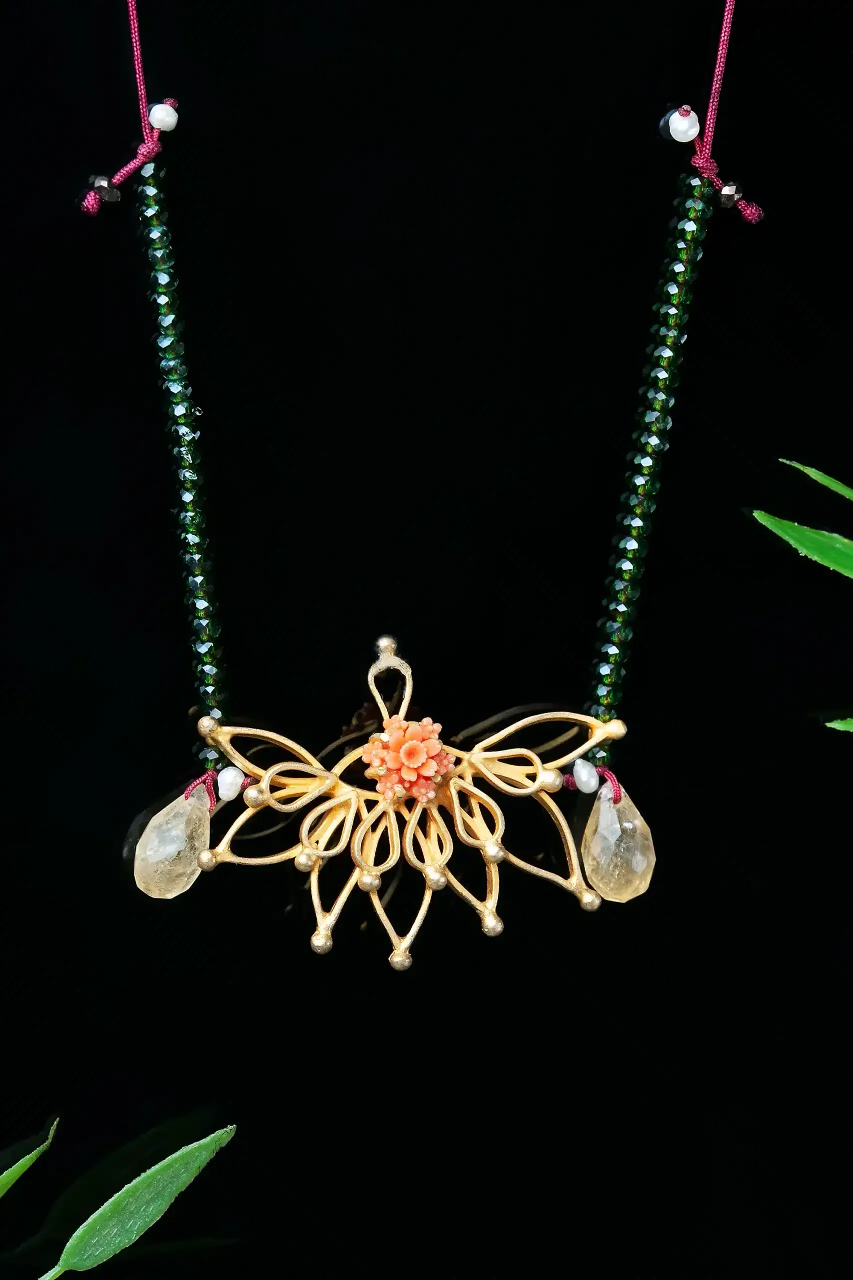 Handmade Jewellery | Gold plated bronze necklace, with semi precious decorations and quartz gallery 1