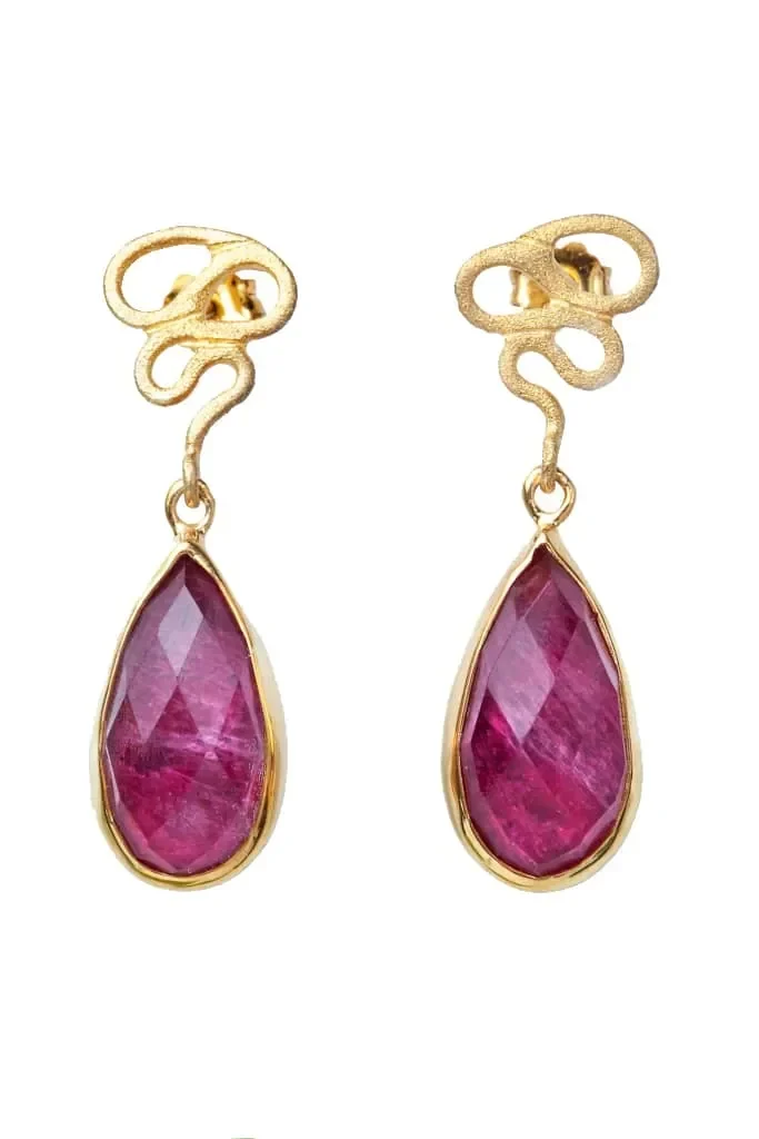 Handmade Jewellery | Teardrop ruby gold plated silver earrings main