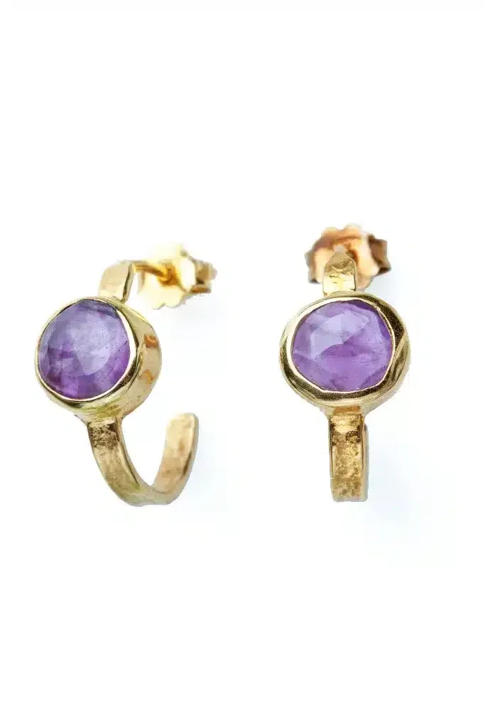 Handmade Jewellery | Amethyst gold plated silver hoops main