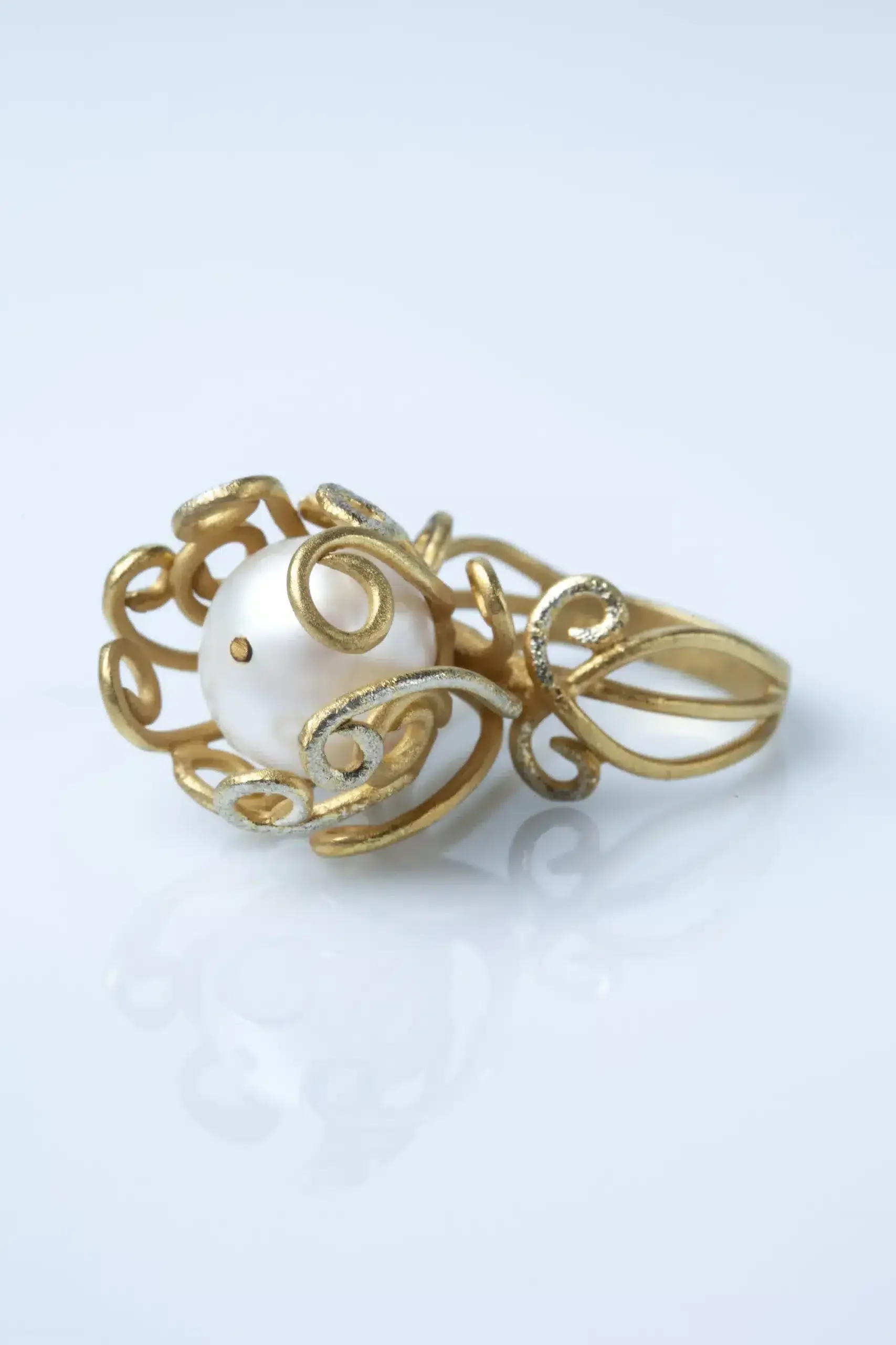 Handmade Jewellery | Gold plated silver ring with diamond dust and pearl gallery 1