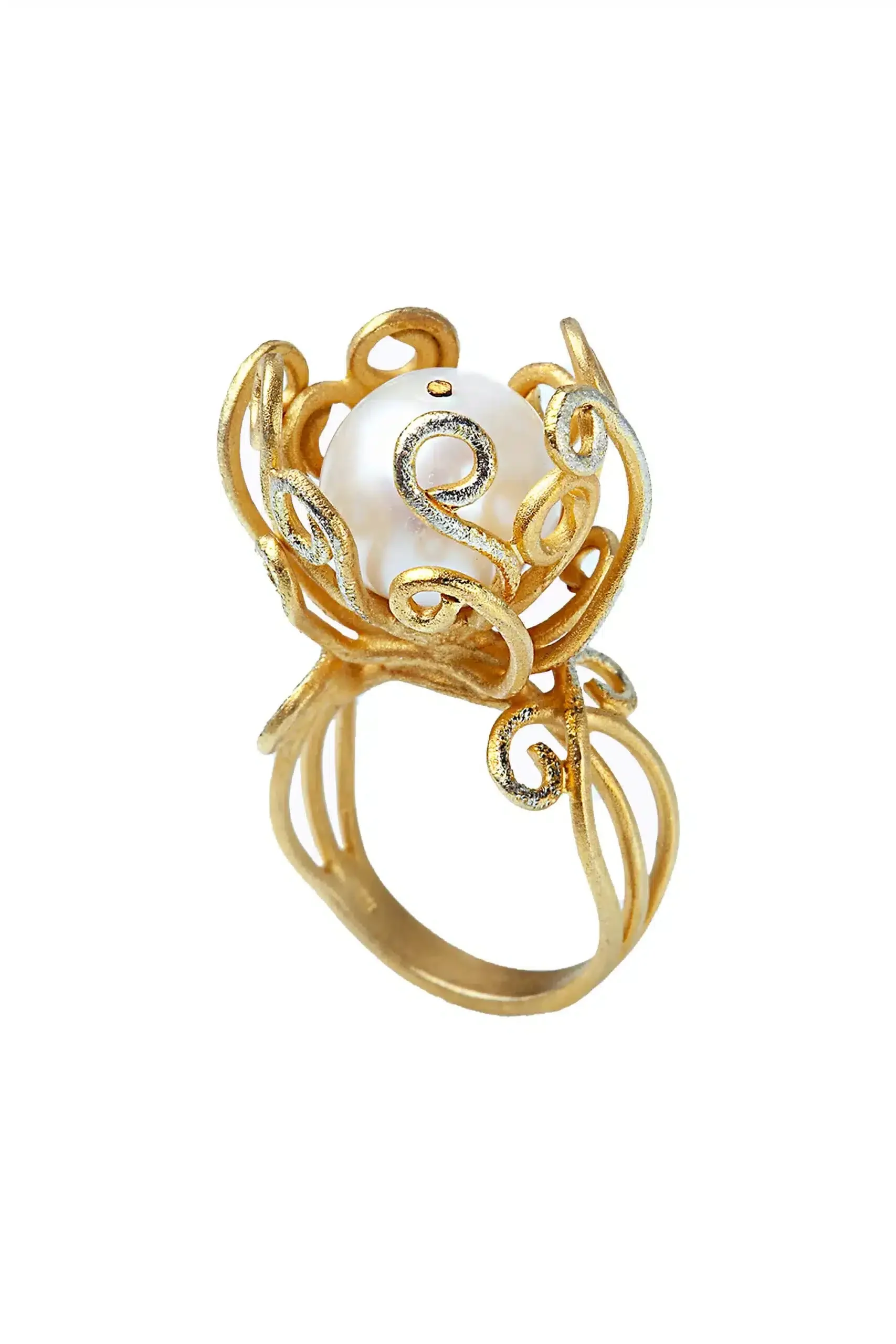 Handmade Jewellery | Gold plated silver ring with diamond dust and pearl main