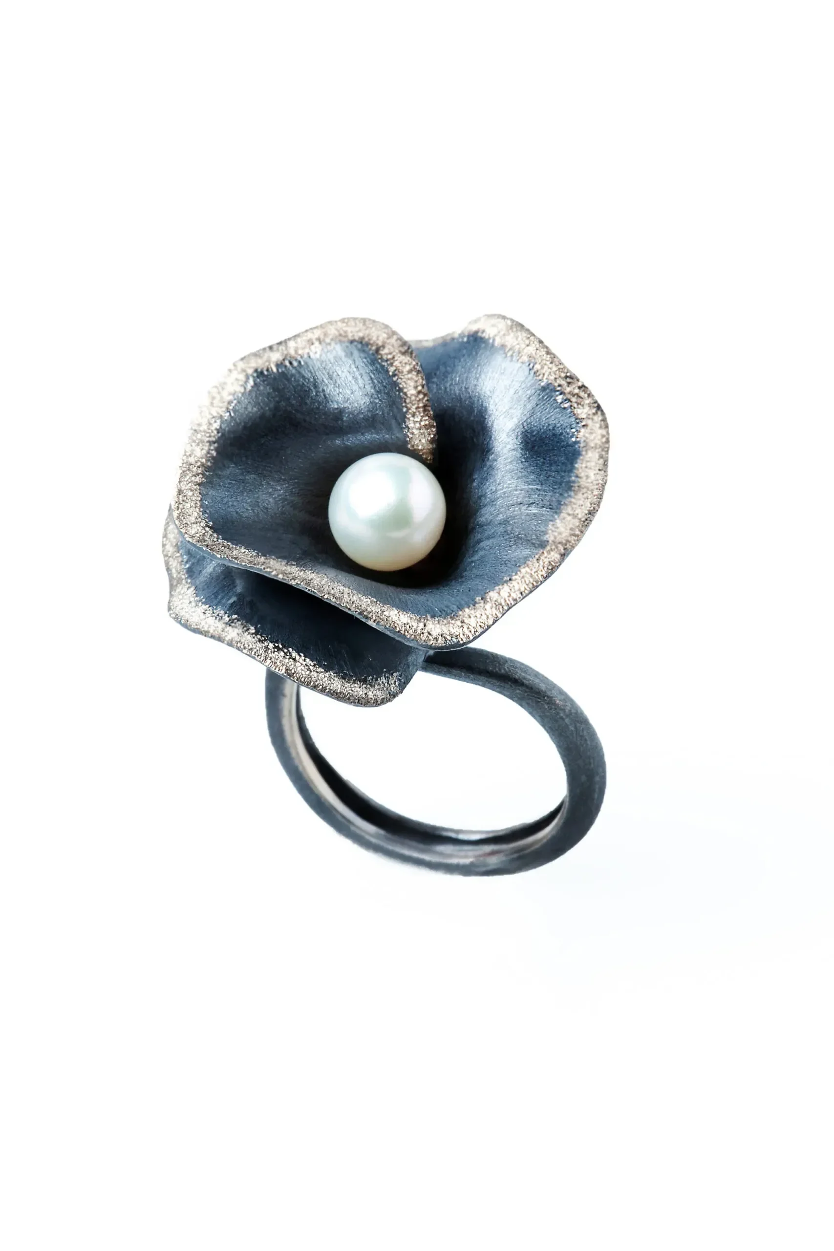 Handmade Jewellery | Flower oxidized silver ring with diamond dust and pearl main