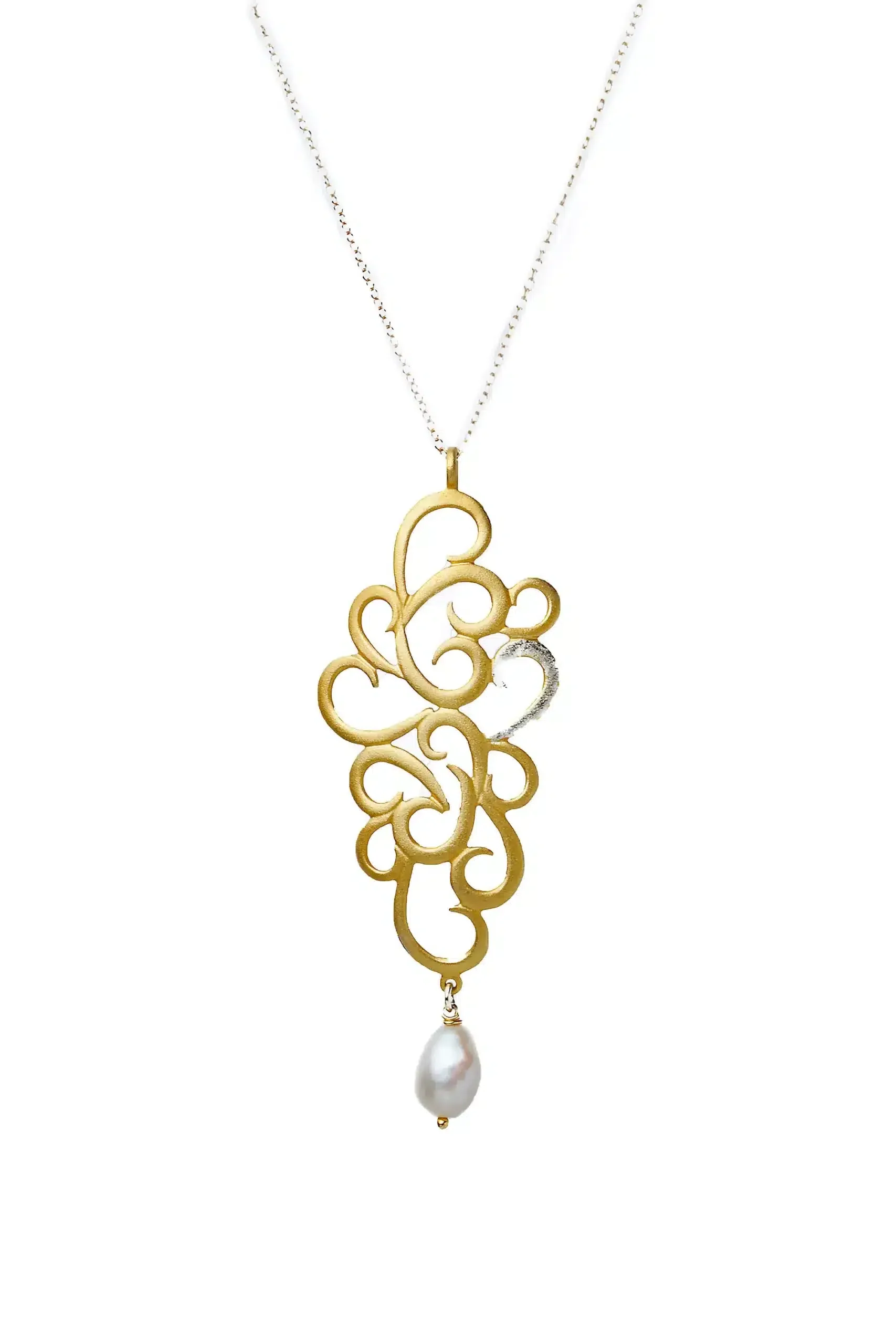 Handmade Jewellery | Gold plated silver long necklace with diamond dust and baroque pearl main