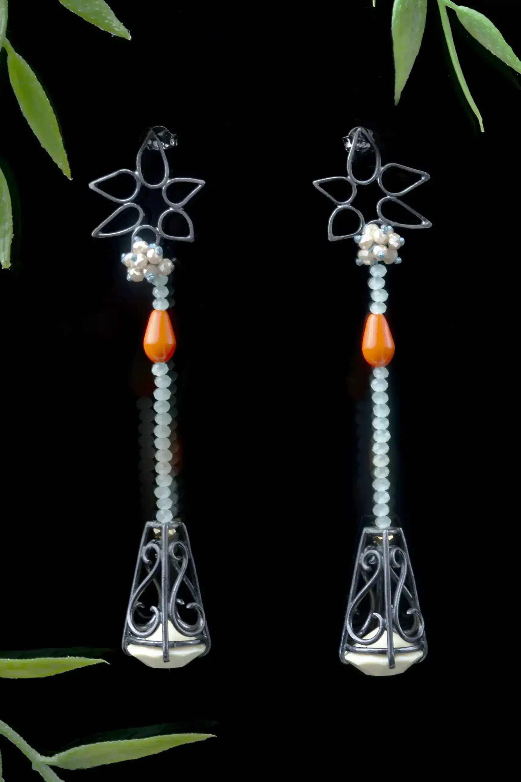 Handmade Jewellery | Black bronze earrings with glass elements and pearls gallery 1