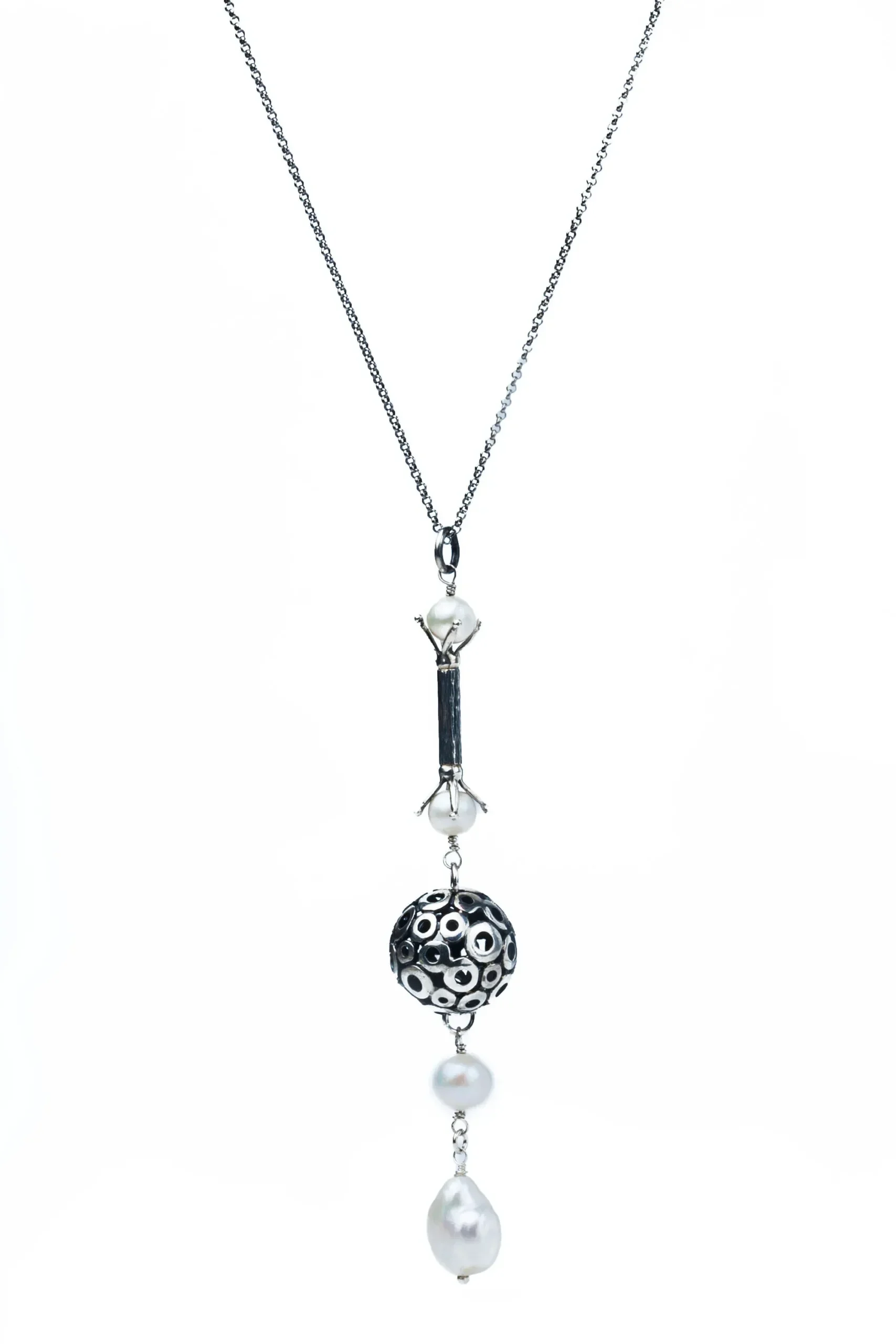 Handmade Jewellery | Long oxidized silver necklace 925 with pearls main