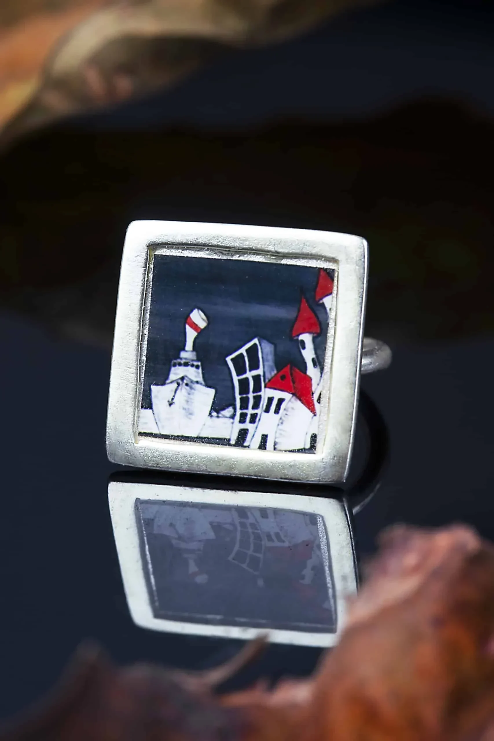 Handmade Jewellery | Square silver ring with inlaid theme gallery 4