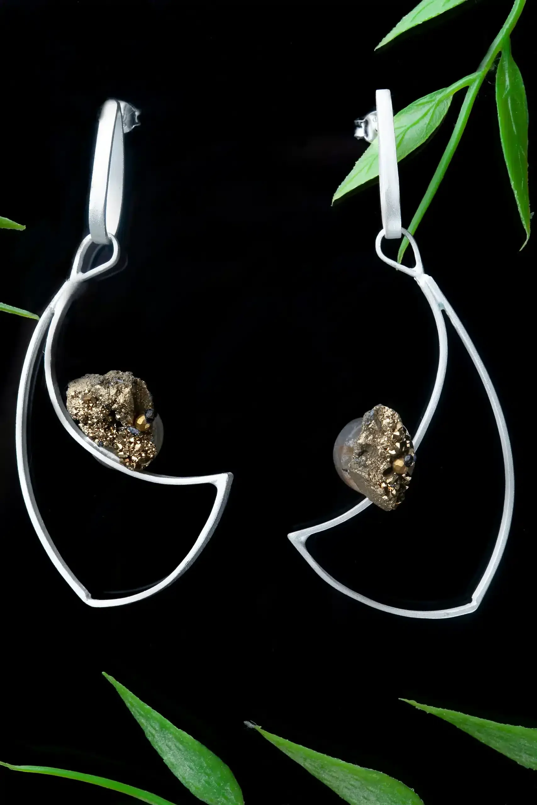 Handmade Jewellery | Fish silver plated bronze earrings with pyrite gallery 1